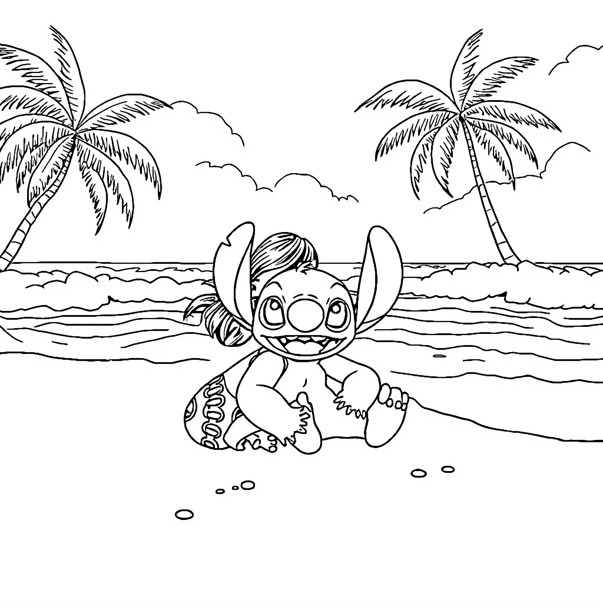 Lilo playing happily on the beach Coloring Page (free black-and-white line drawing printable PDF for all, from beginners to advanced learners, including children, teens, adults, and seniors)