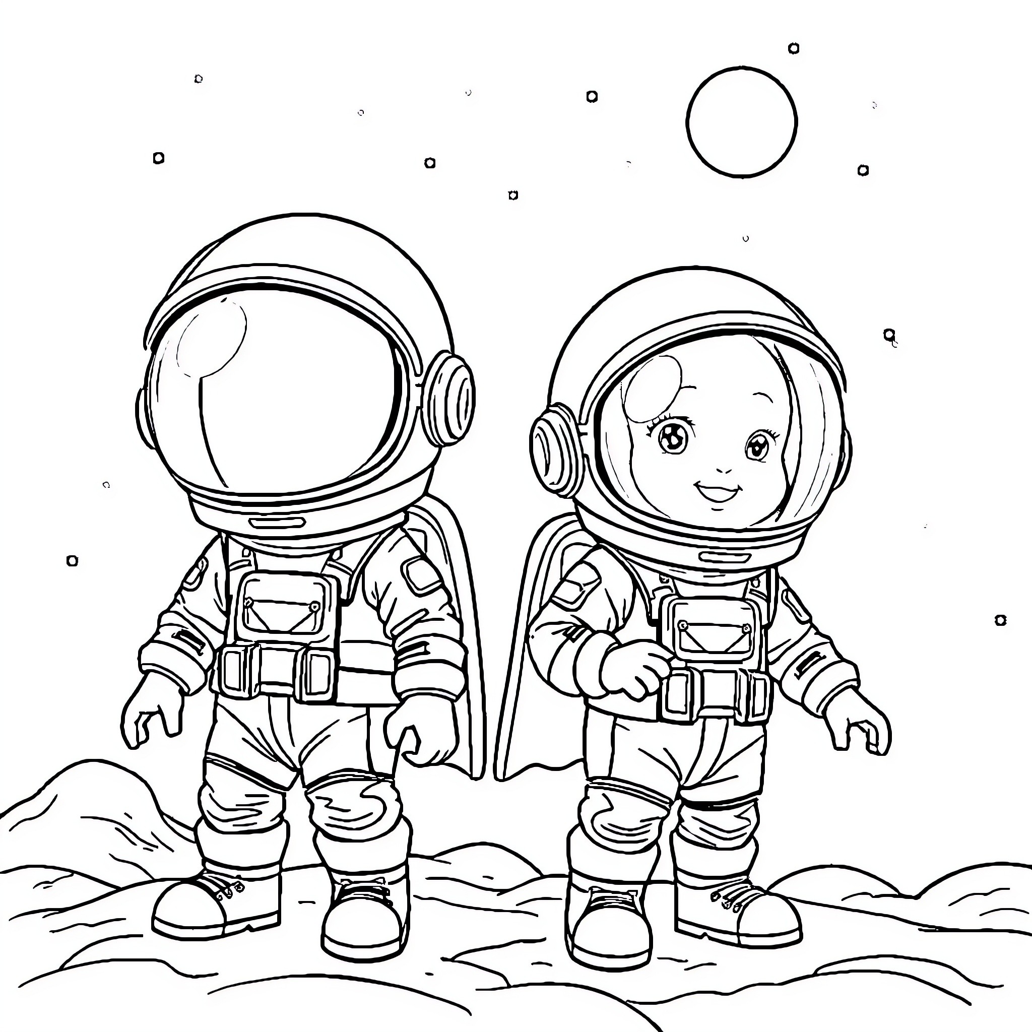 Air Buddy Astronauts Exploring the Lunar Surface Coloring Page (free black-and-white line drawing printable PDF for all, from beginners to advanced learners, including children, teens, adults, and seniors)