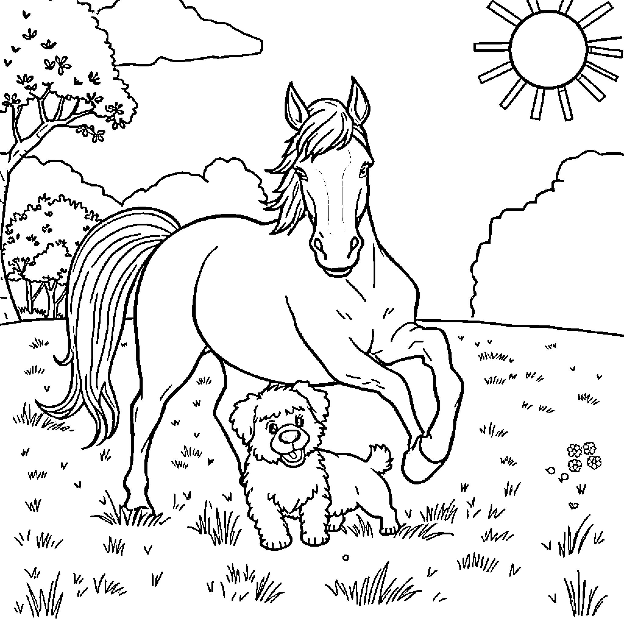 Horse and Puppy Enjoying the Outdoors Coloring Page (free black-and-white line drawing printable PDF for all, from beginners to advanced learners, including children, teens, adults, and seniors)