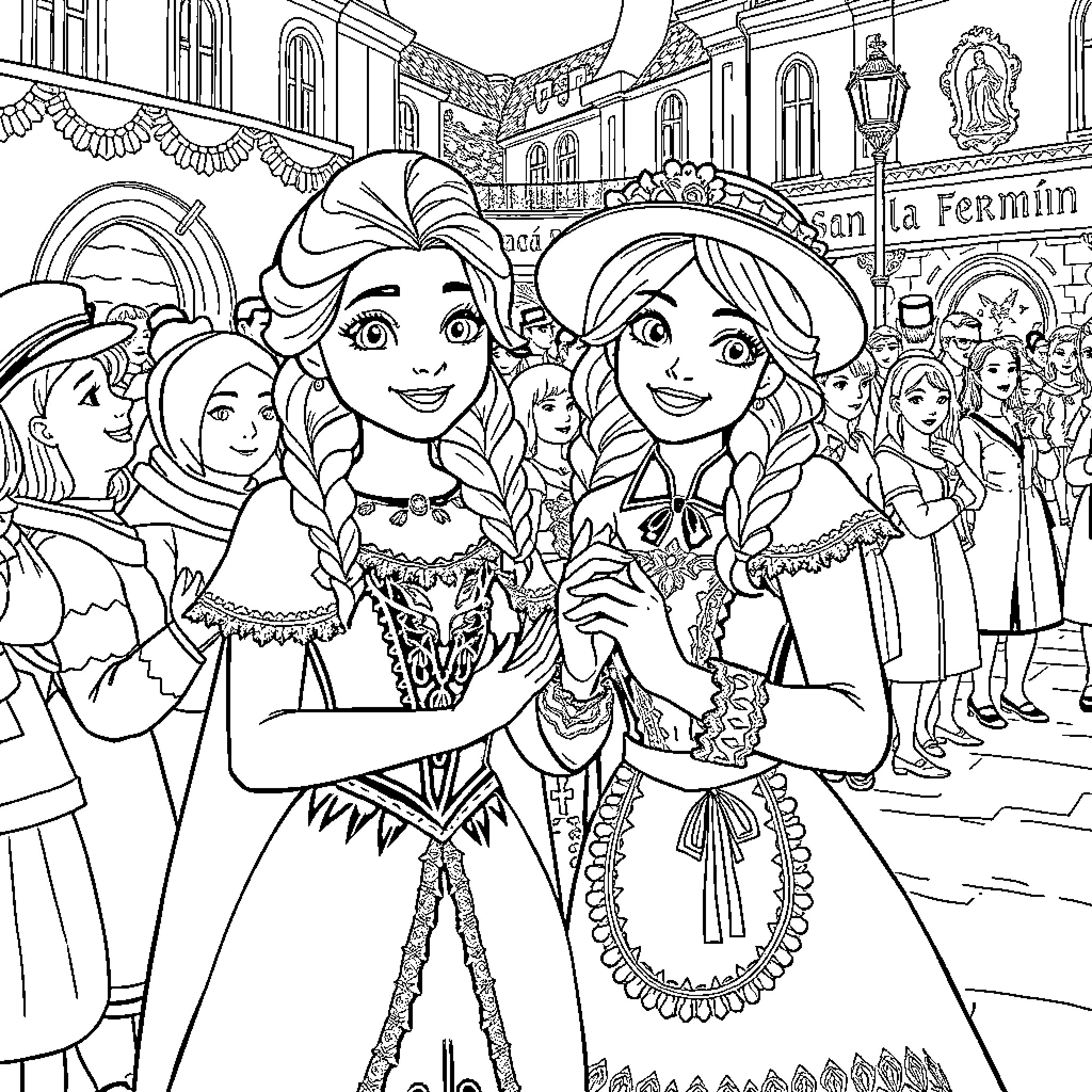 Elsa and Anna in Festive Attire Exploring a Picturesque Town Coloring Page (free black-and-white line drawing printable PDF for all, from beginners to advanced learners, including children, teens, adults, and seniors)