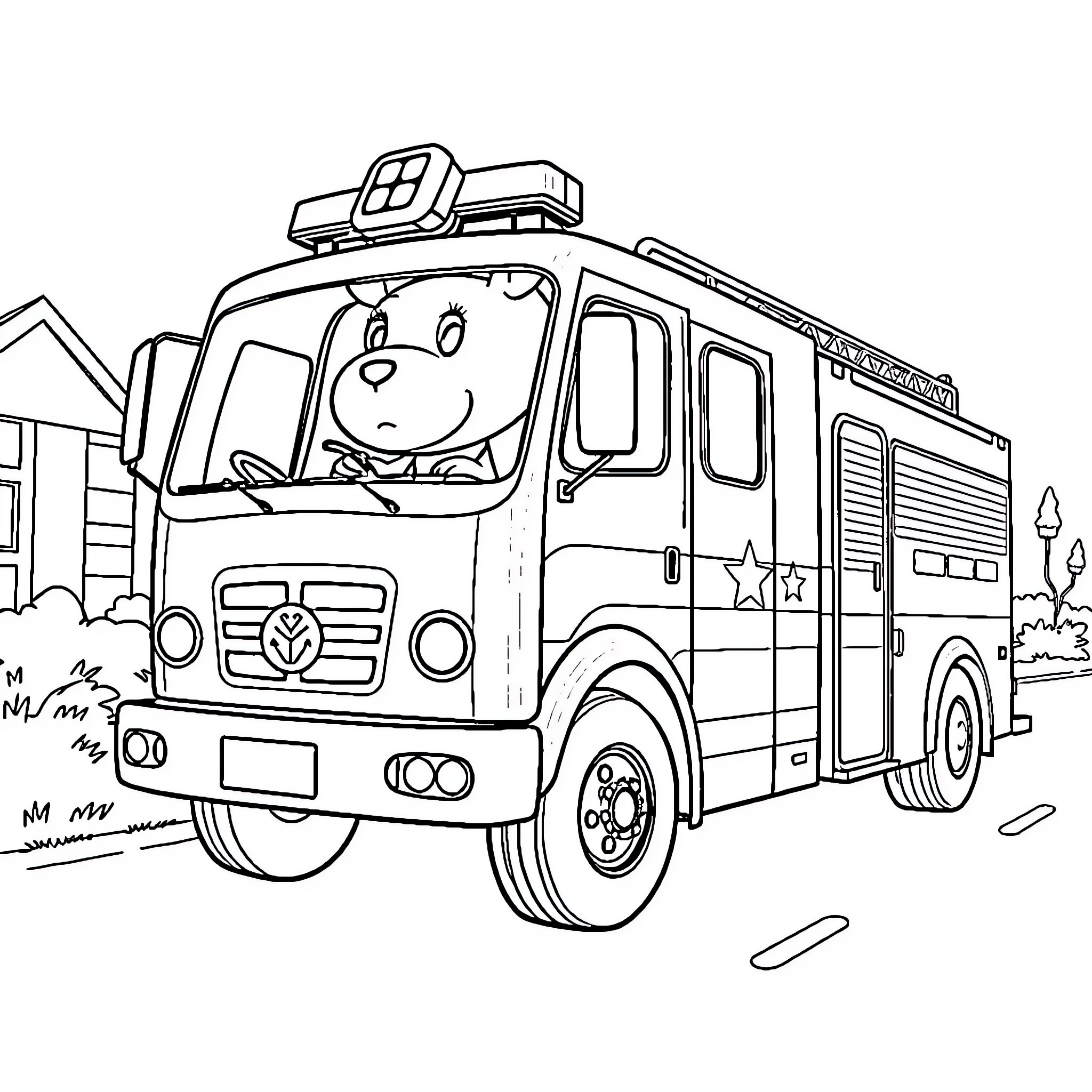 Pat's Exciting Fire Truck Adventure Coloring Page (free black-and-white line drawing printable PDF for all, from beginners to advanced learners, including children, teens, adults, and seniors)