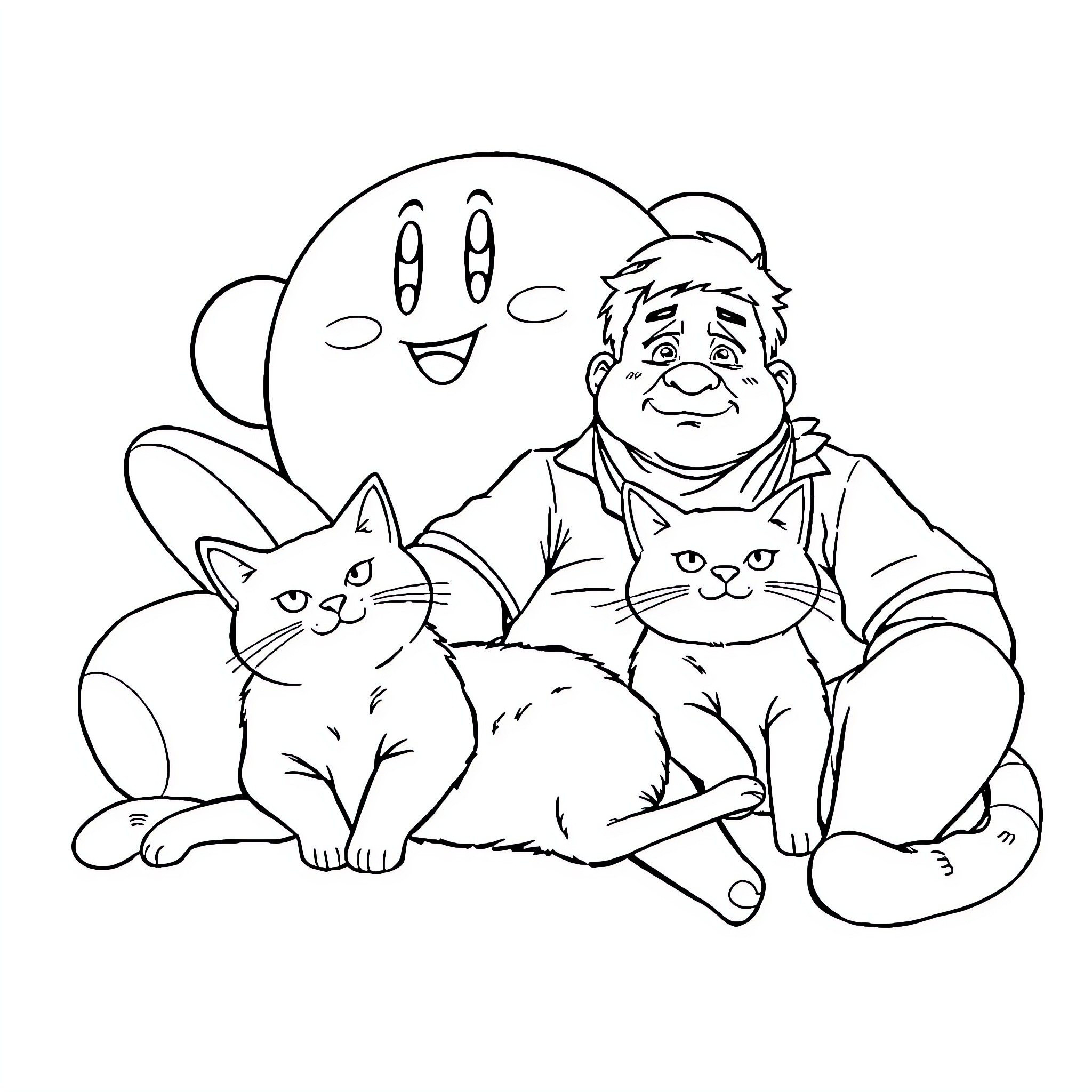 Cat and his companions in the living room Coloring Page (free black-and-white line drawing printable PDF for all, from beginners to advanced learners, including children, teens, adults, and seniors)