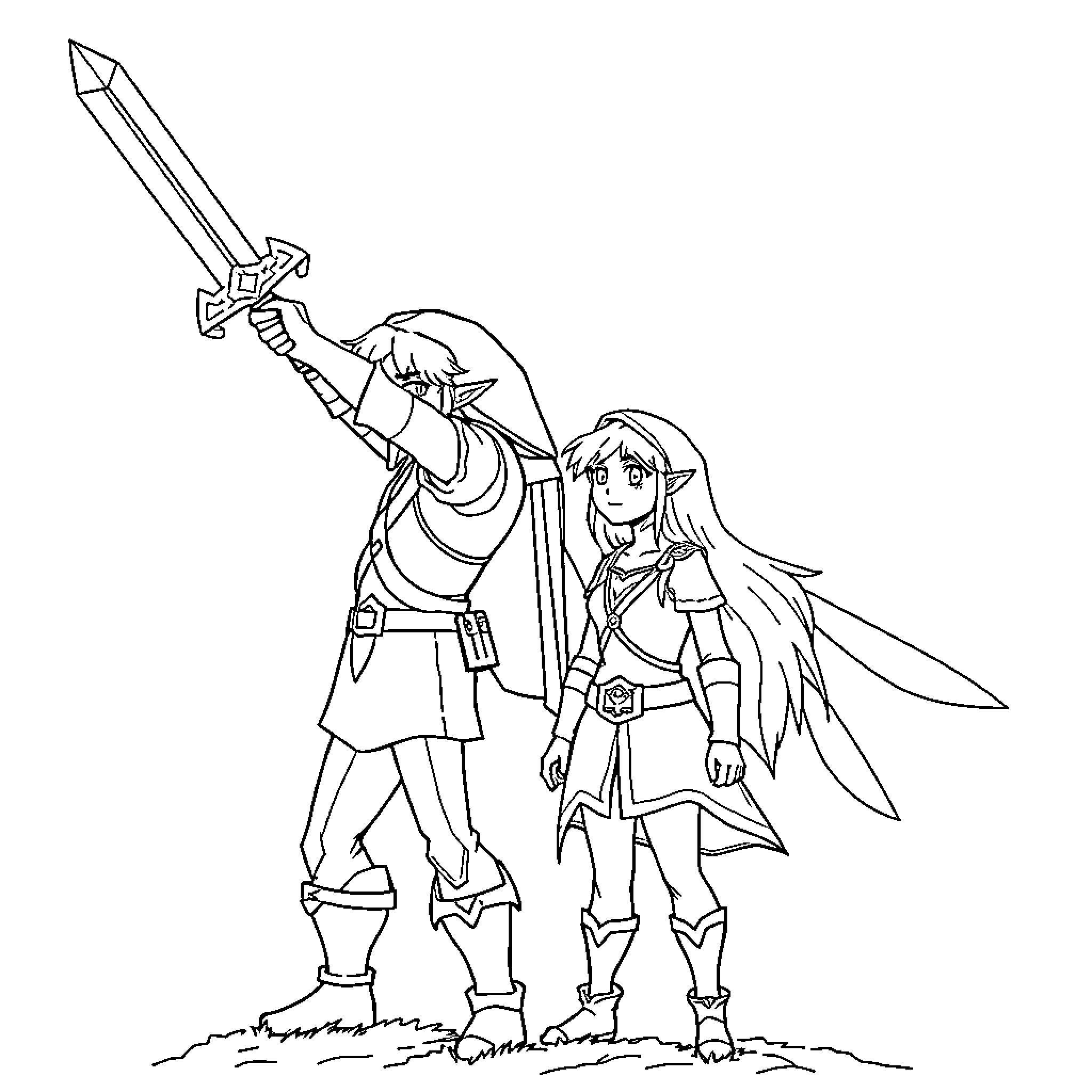 Link and companion wielding adventurous weapons Coloring Page (free black-and-white line drawing printable PDF for all, from beginners to advanced learners, including children, teens, adults, and seniors)