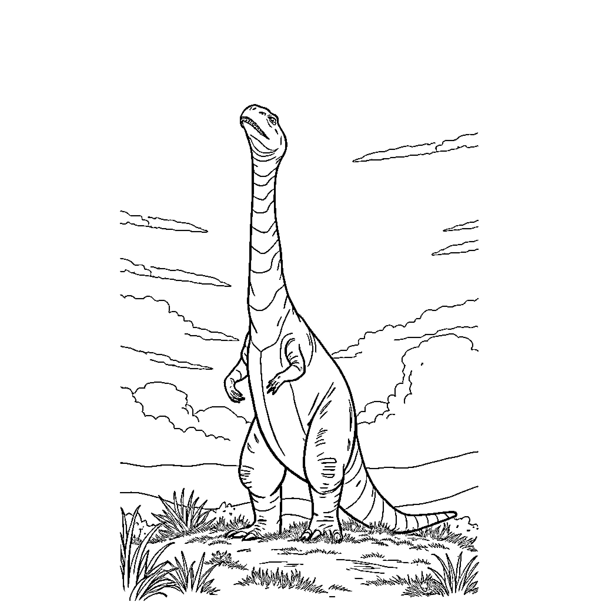 Dinosaur in prehistoric landscape Coloring Page (free black-and-white line drawing printable PDF for all, from beginners to advanced learners, including children, teens, adults, and seniors)