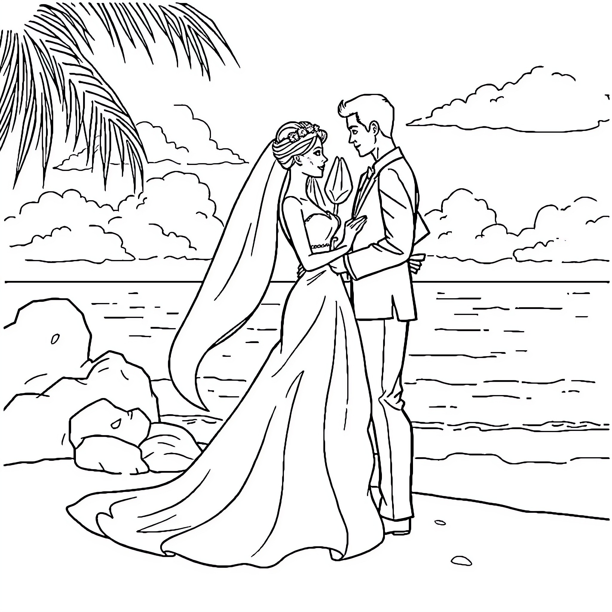 Barbie's dream wedding on the beach Coloring Page (free black-and-white line drawing printable PDF for all, from beginners to advanced learners, including children, teens, adults, and seniors)