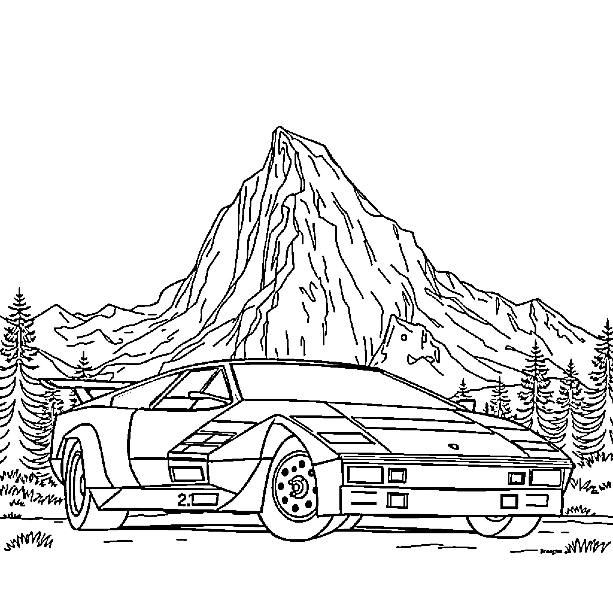 Lamborghini supercar in the mountains Coloring Page (free black-and-white line drawing printable PDF for all, from beginners to advanced learners, including children, teens, adults, and seniors)