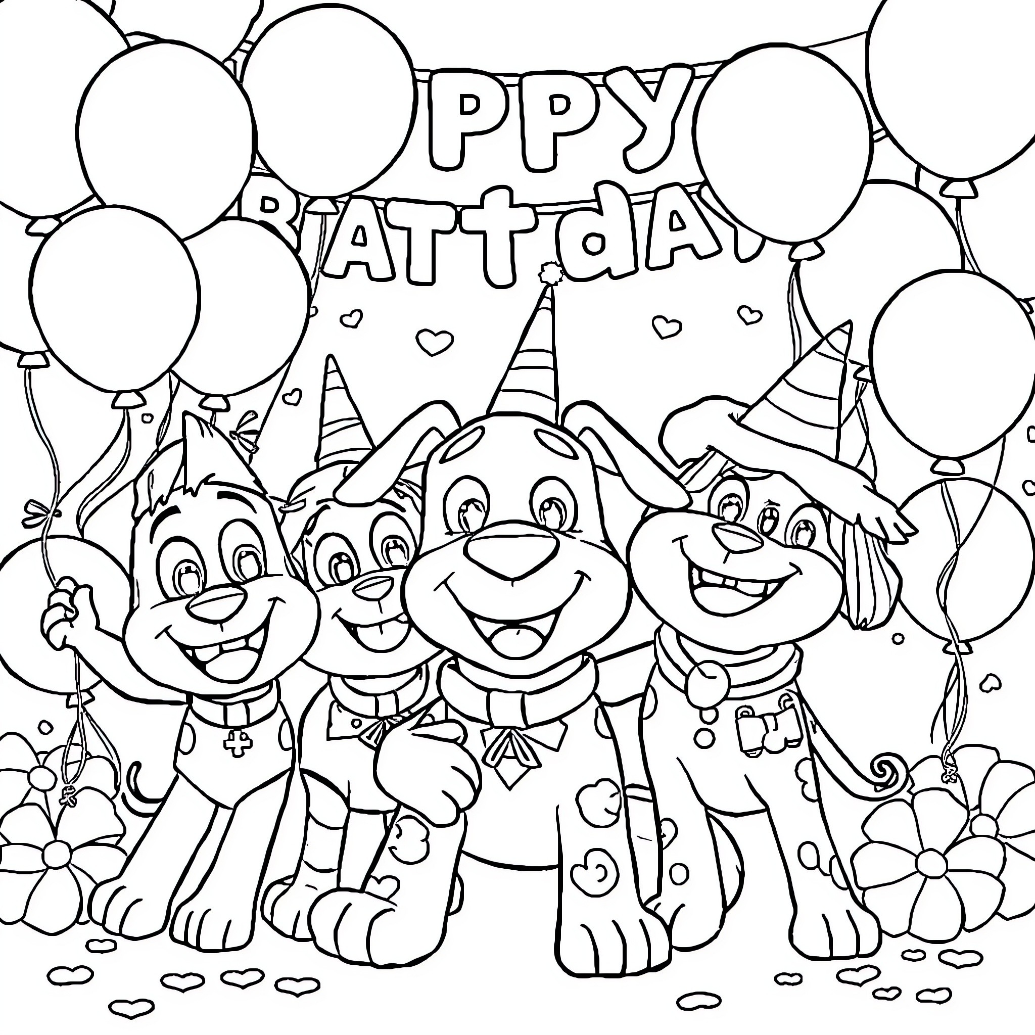 Rubble of friends celebrating a happy birthday party Coloring Page (free black-and-white line drawing printable PDF for all, from beginners to advanced learners, including children, teens, adults, and seniors)