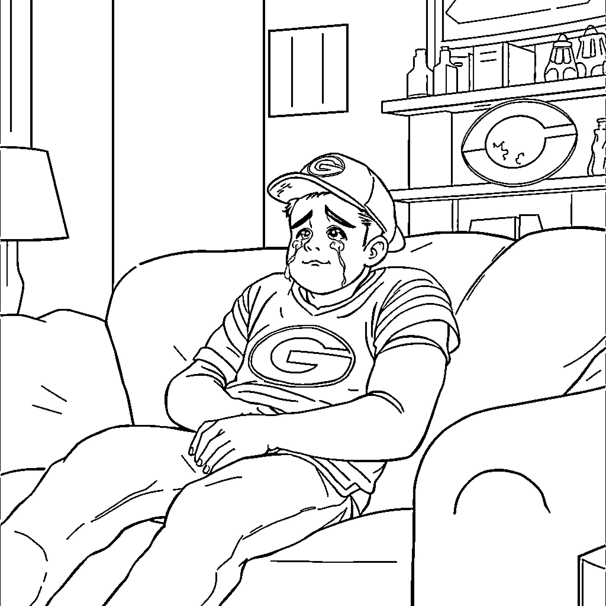 Fan resting on couch in comfortable home setting Coloring Page (free black-and-white line drawing printable PDF for all, from beginners to advanced learners, including children, teens, adults, and seniors)