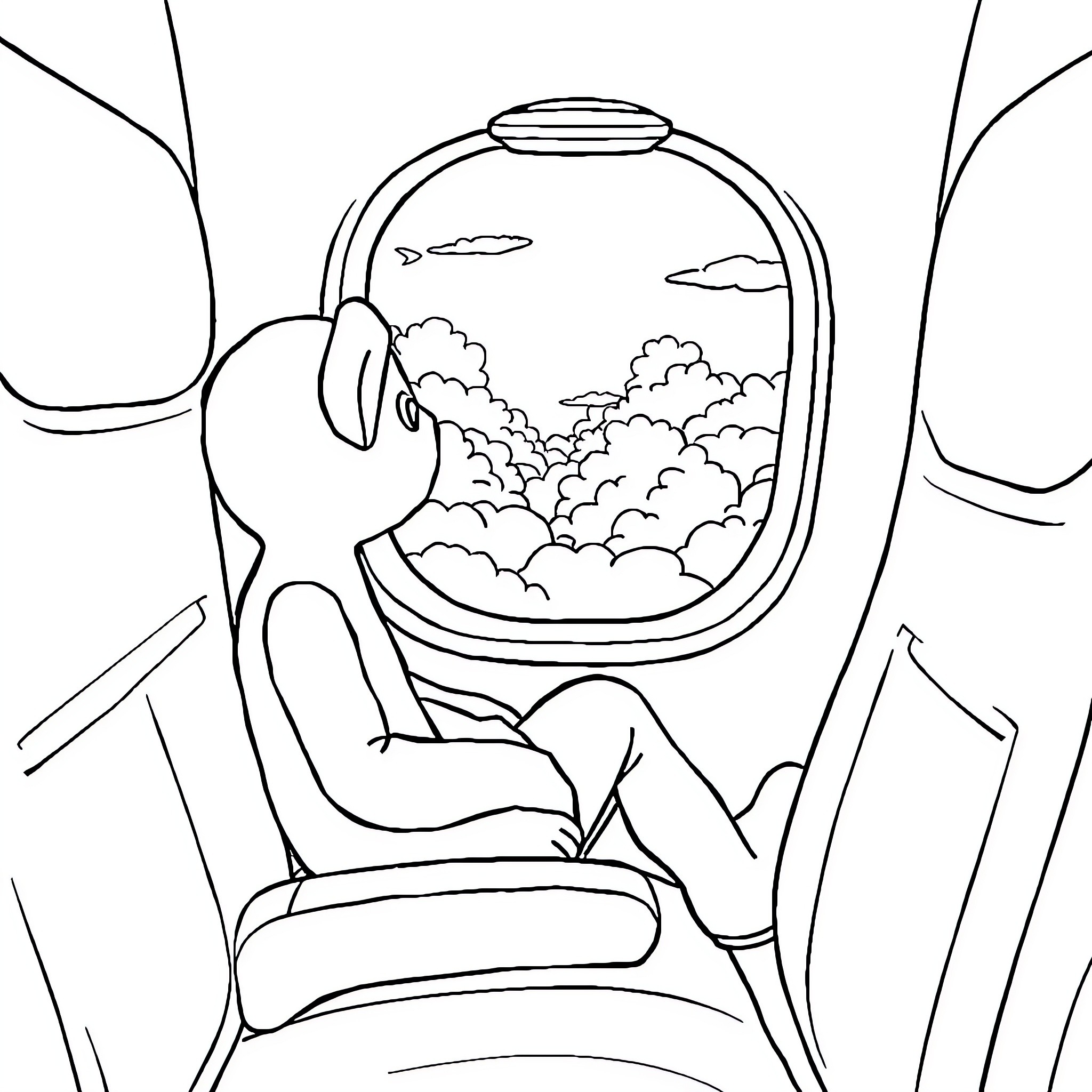 Bluey watching the clouds through airplane window Coloring Page (free black-and-white line drawing printable PDF for all, from beginners to advanced learners, including children, teens, adults, and seniors)