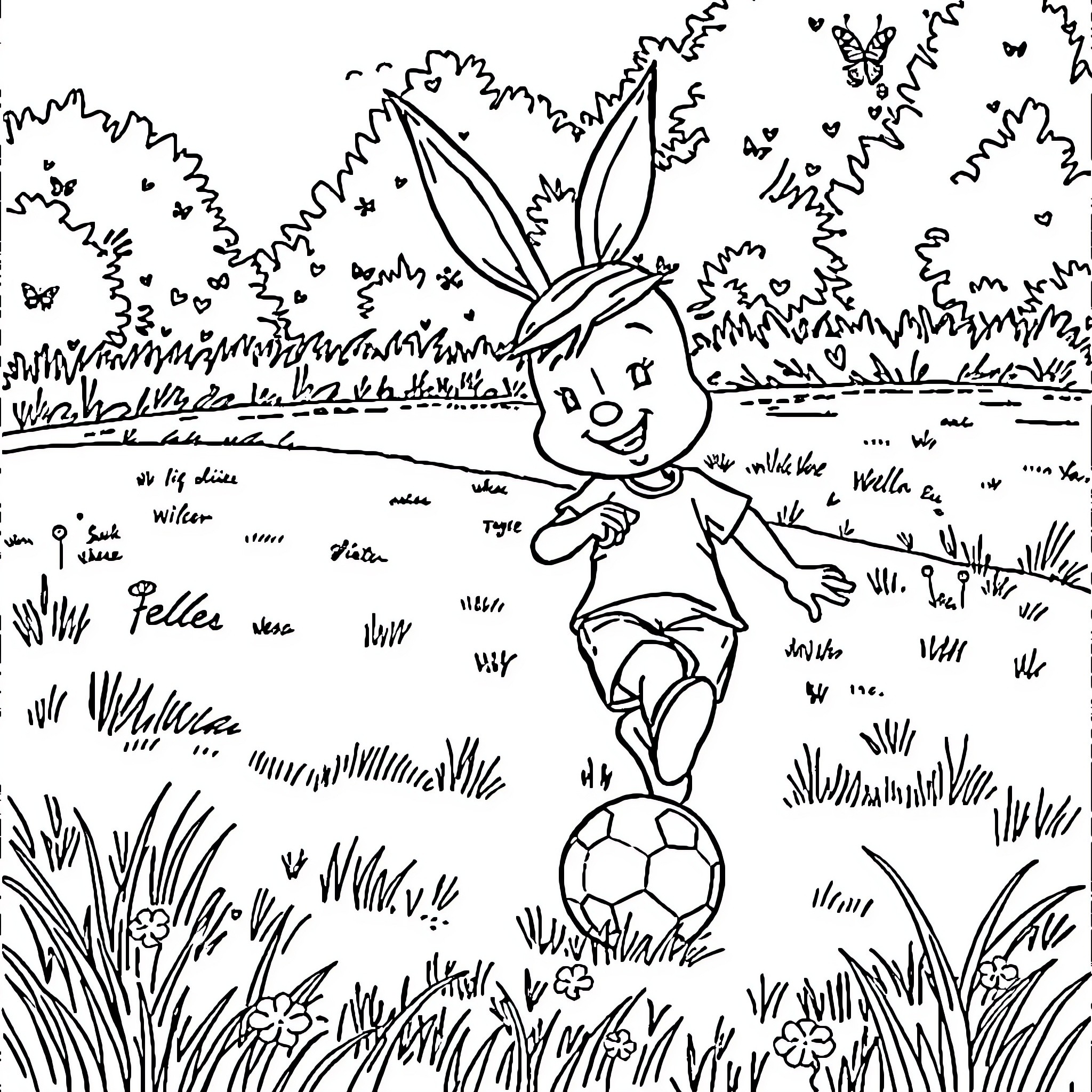 Cinderella playing with a soccer ball in the meadow Coloring Page (free black-and-white line drawing printable PDF for all, from beginners to advanced learners, including children, teens, adults, and seniors)