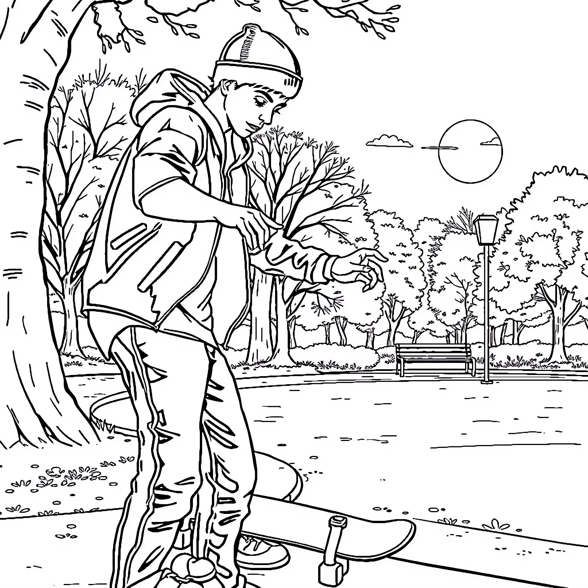 Barman working diligently in the park Coloring Page (free black-and-white line drawing printable PDF for all, from beginners to advanced learners, including children, teens, adults, and seniors)