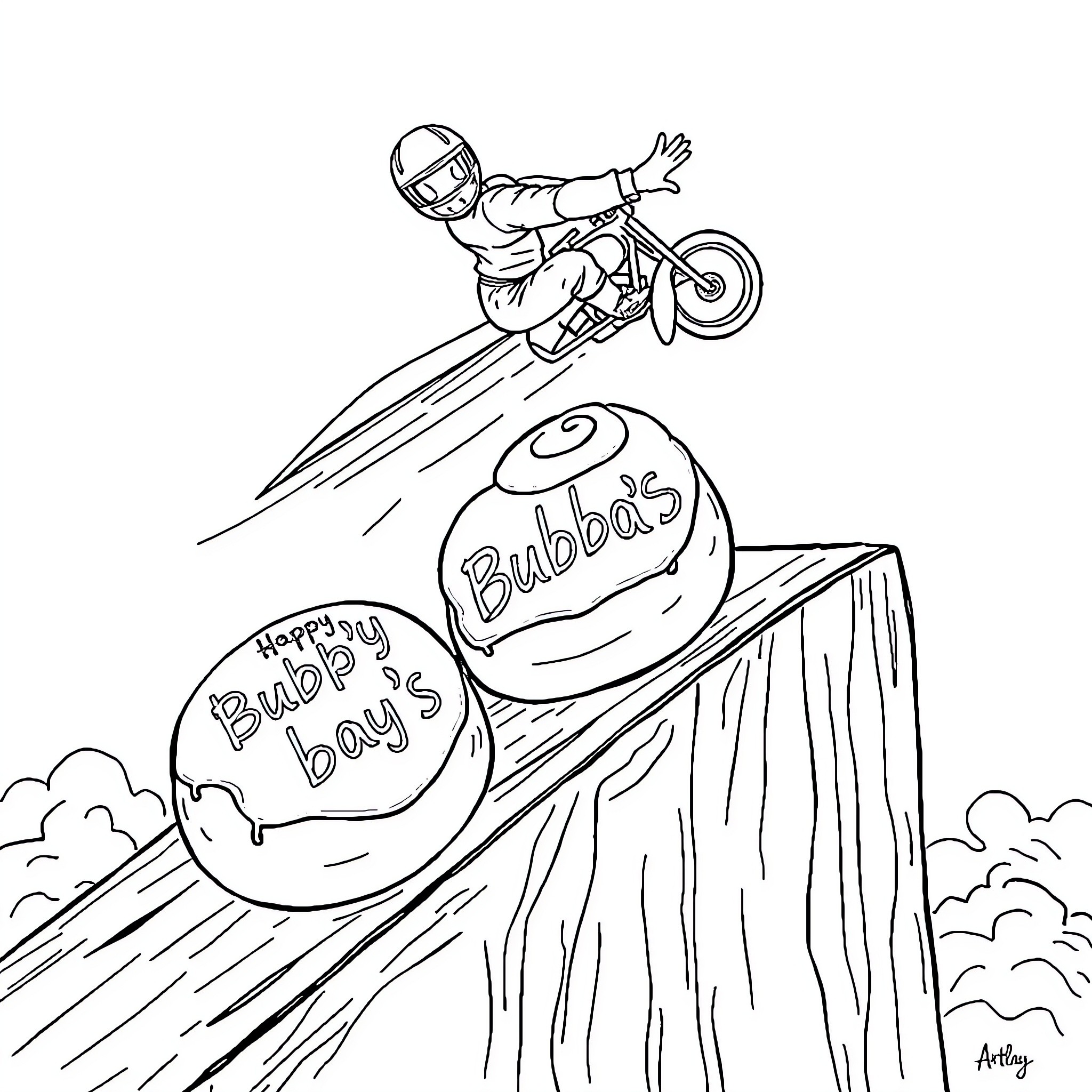 Stuntman performing daring motorcycle jump over obstacles Coloring Page (free black-and-white line drawing printable PDF for all, from beginners to advanced learners, including children, teens, adults, and seniors)
