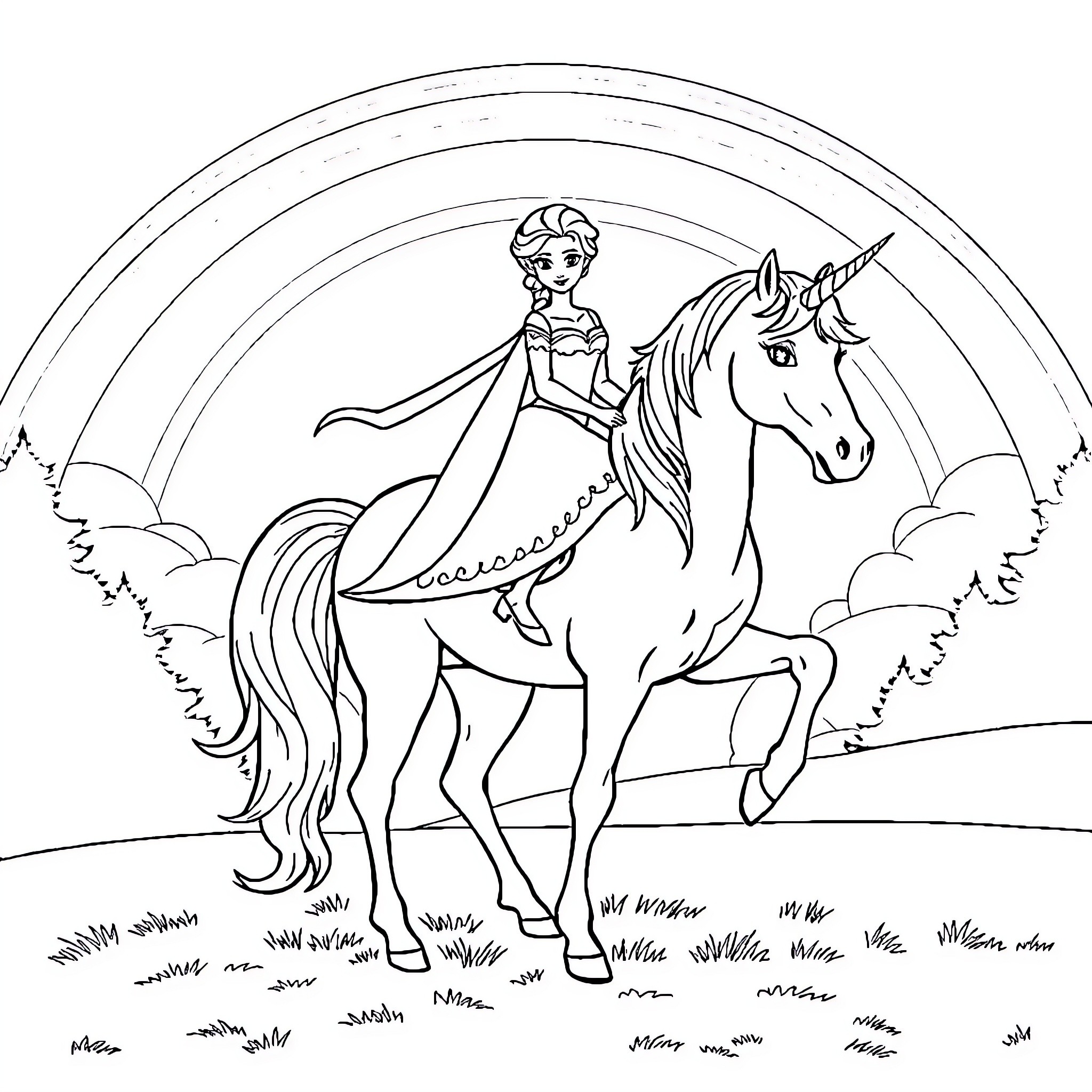 Elsa riding a majestic unicorn through a magical landscape Coloring Page (free black-and-white line drawing printable PDF for all, from beginners to advanced learners, including children, teens, adults, and seniors)