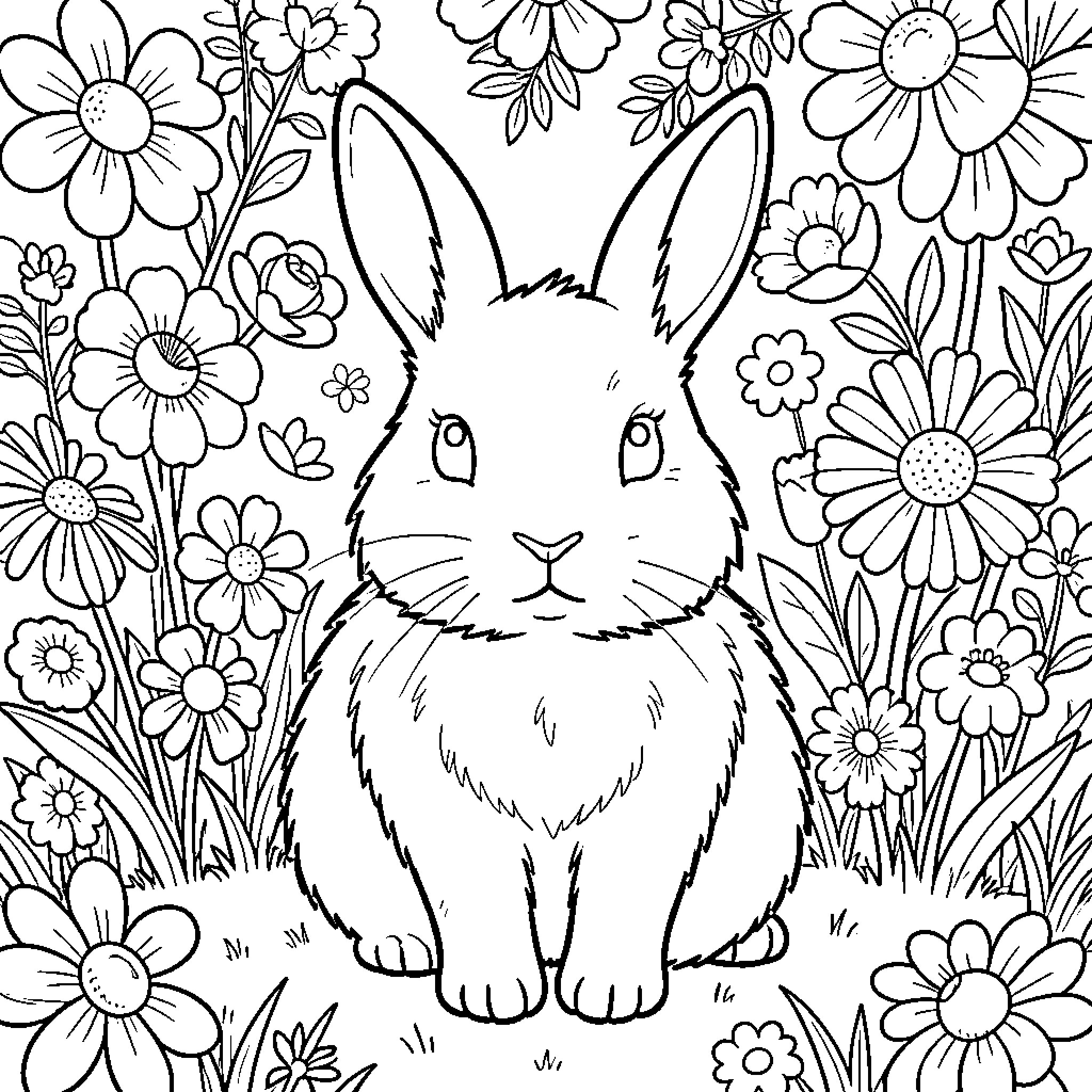 Bunny surrounded by beautiful blooming flowers Coloring Page (free black-and-white line drawing printable PDF for all, from beginners to advanced learners, including children, teens, adults, and seniors)