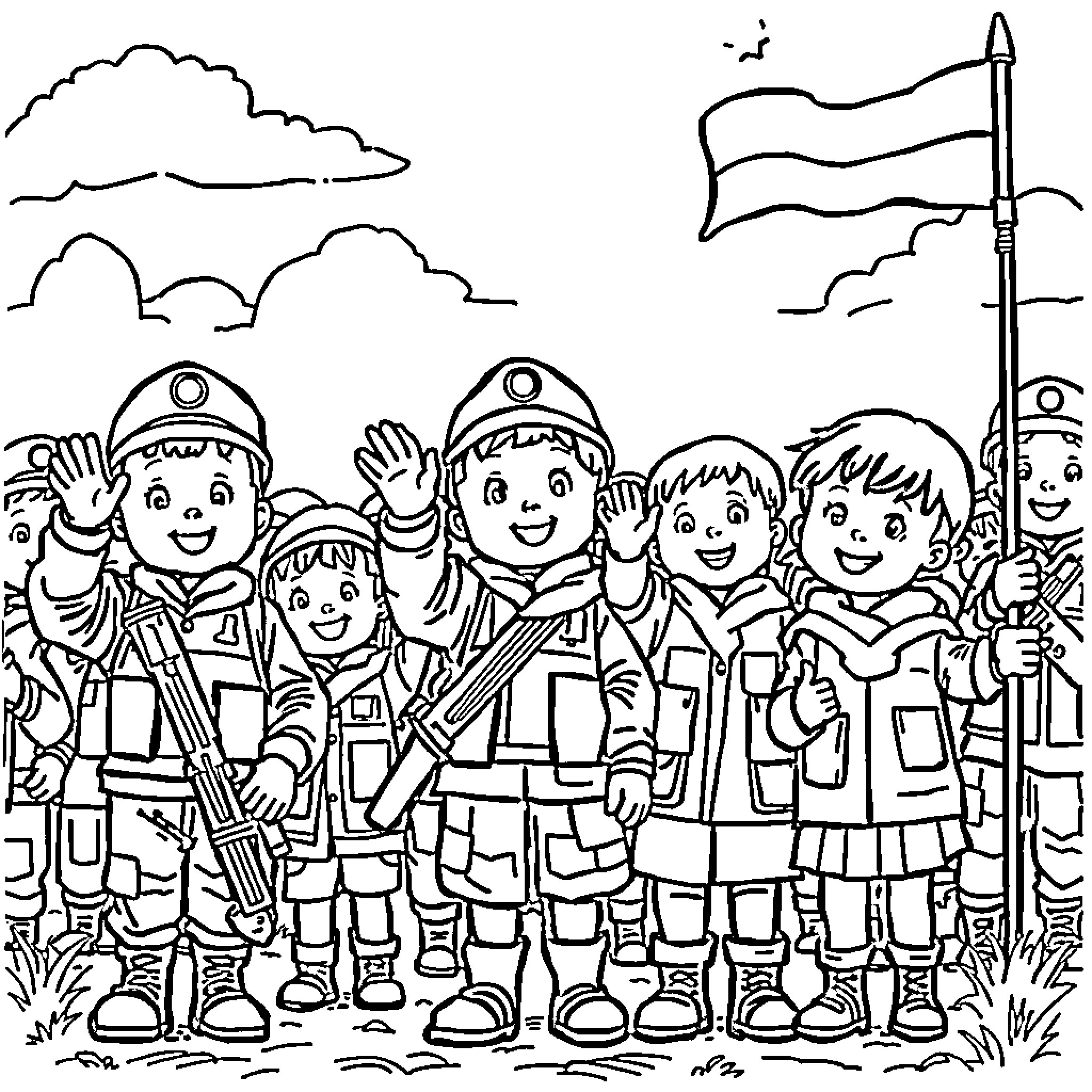 Child Firefighters in a Group Portrait Coloring Page (free black-and-white line drawing printable PDF for all, from beginners to advanced learners, including children, teens, adults, and seniors)