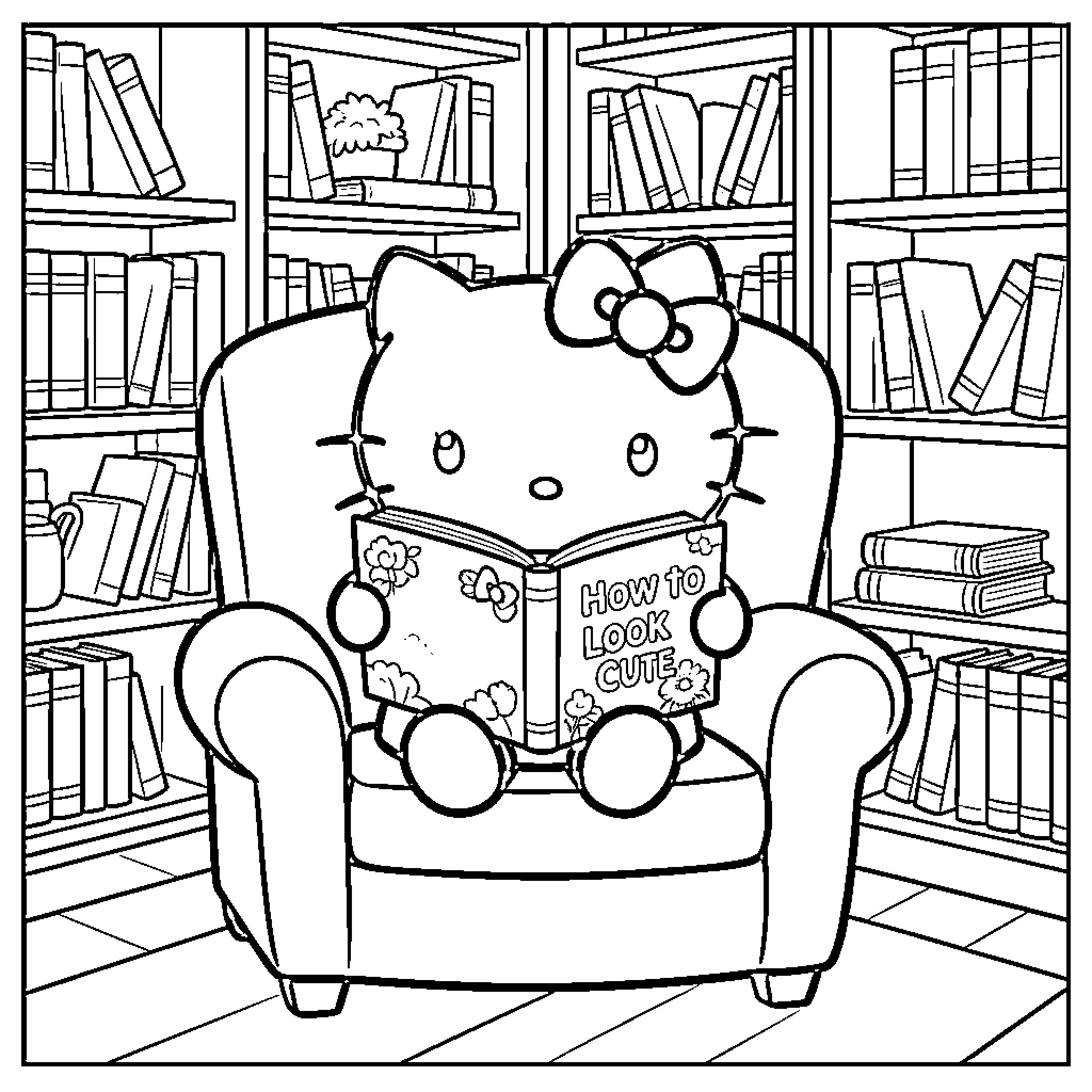 Hello Kitty reading a book in a cozy library Coloring Page (free black-and-white line drawing printable PDF for all, from beginners to advanced learners, including children, teens, adults, and seniors)