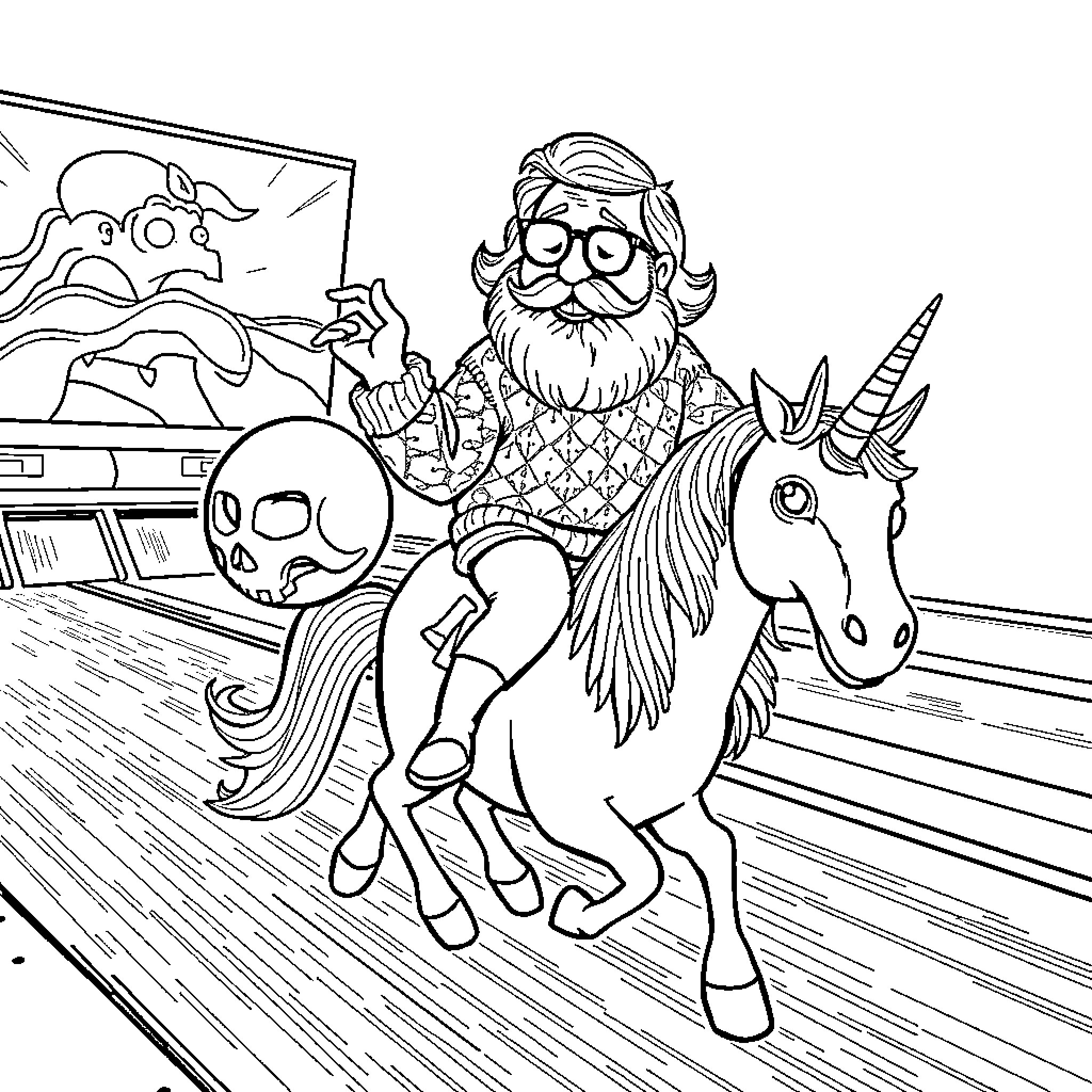 Dude rides unicorn through strange fantasy world Coloring Page (free black-and-white line drawing printable PDF for all, from beginners to advanced learners, including children, teens, adults, and seniors)