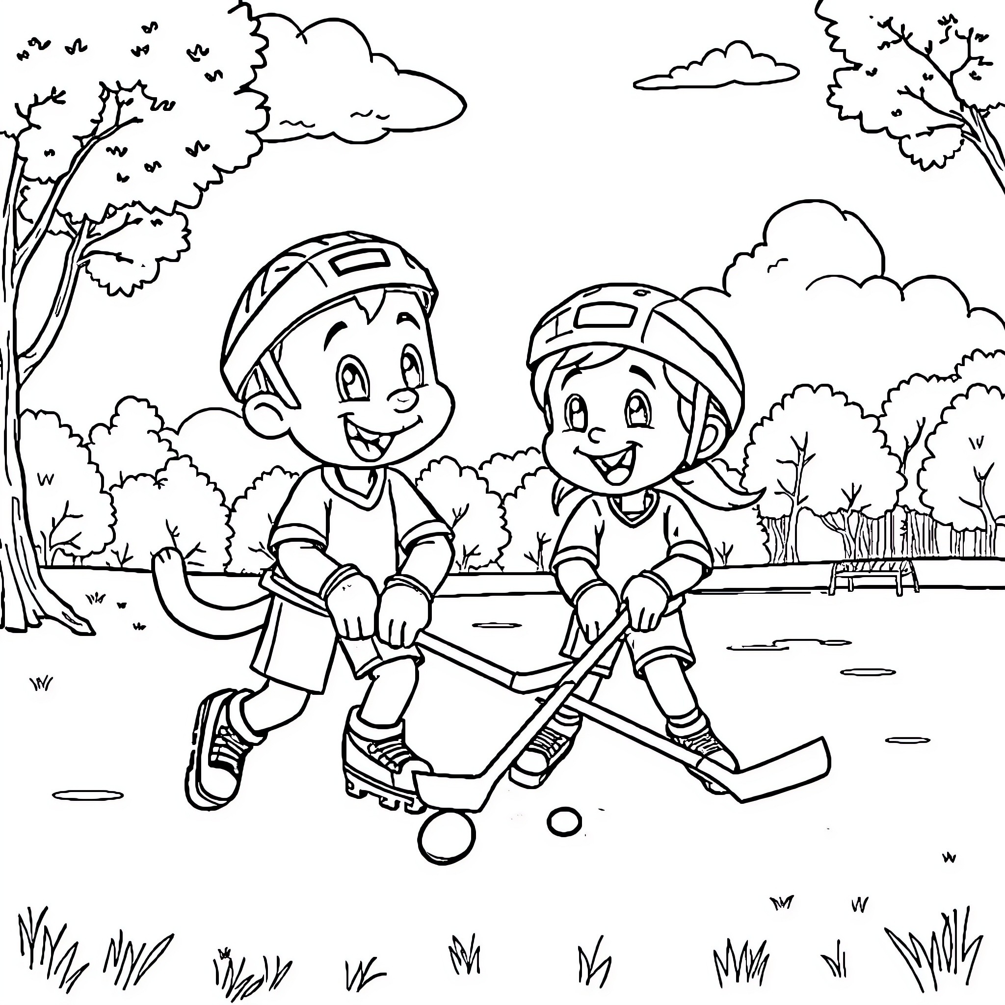 Bluey's Outdoor Hockey Adventure Coloring Page (free black-and-white line drawing printable PDF for all, from beginners to advanced learners, including children, teens, adults, and seniors)