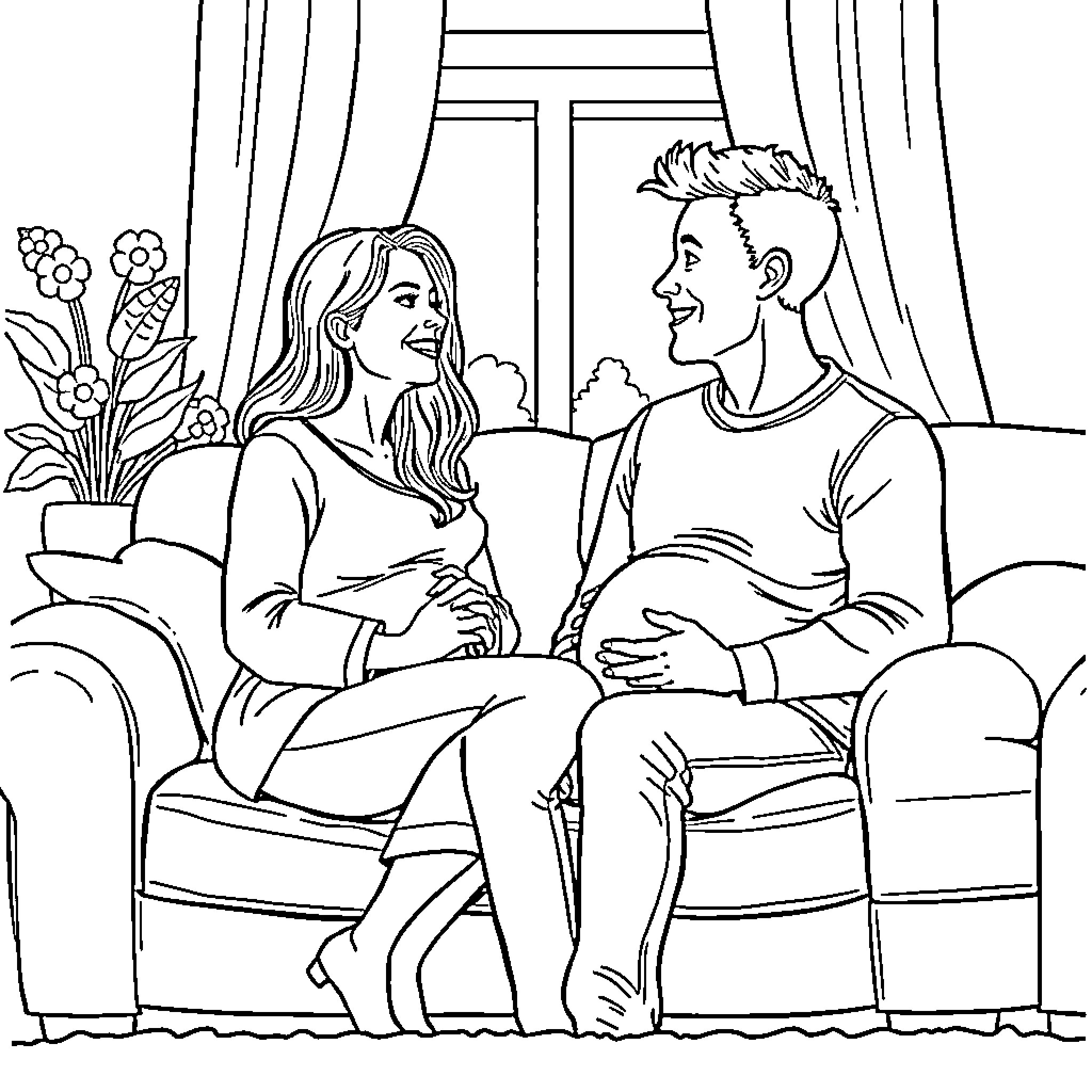 Pregnancy: Couple Sharing a Tender Moment Coloring Page (free black-and-white line drawing printable PDF for all, from beginners to advanced learners, including children, teens, adults, and seniors)