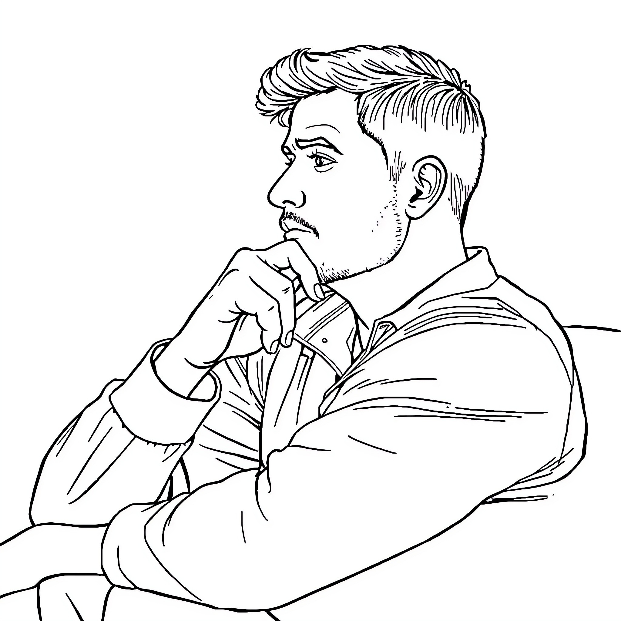 Man in deep thought with hands on chin Coloring Page (free black-and-white line drawing printable PDF for all, from beginners to advanced learners, including children, teens, adults, and seniors)