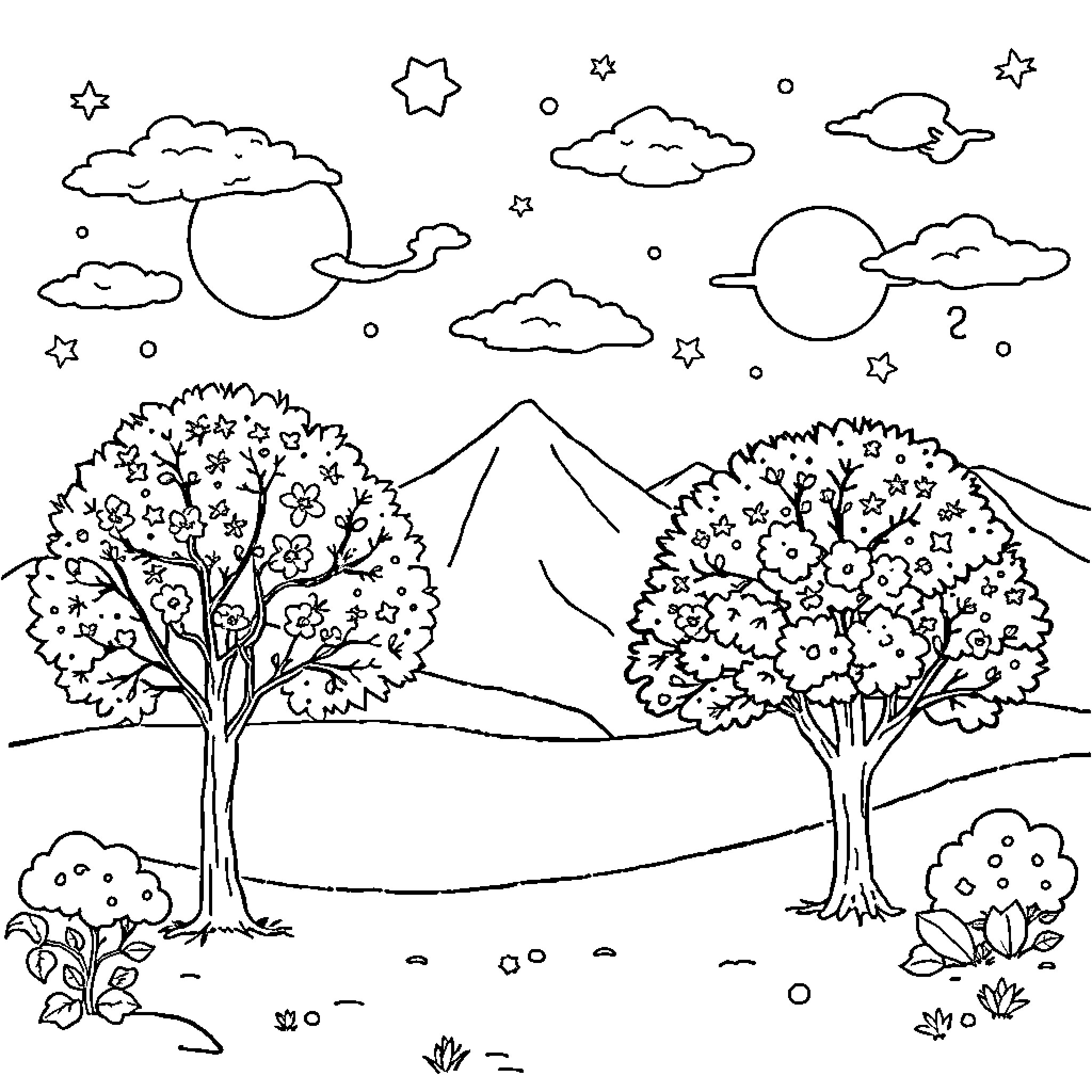 Season Showcase of Nature's Scenic Wonders Coloring Page (free black-and-white line drawing printable PDF for all, from beginners to advanced learners, including children, teens, adults, and seniors)