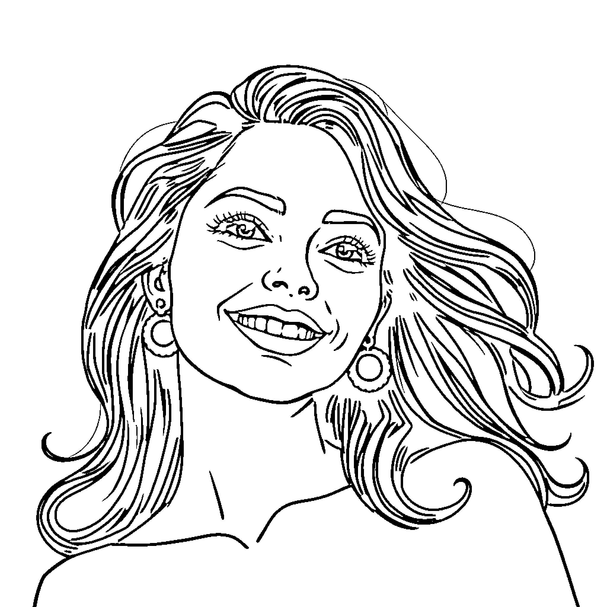 Trans Woman in Confident Pose with Flowing Hair Coloring Page (free black-and-white line drawing printable PDF for all, from beginners to advanced learners, including children, teens, adults, and seniors)