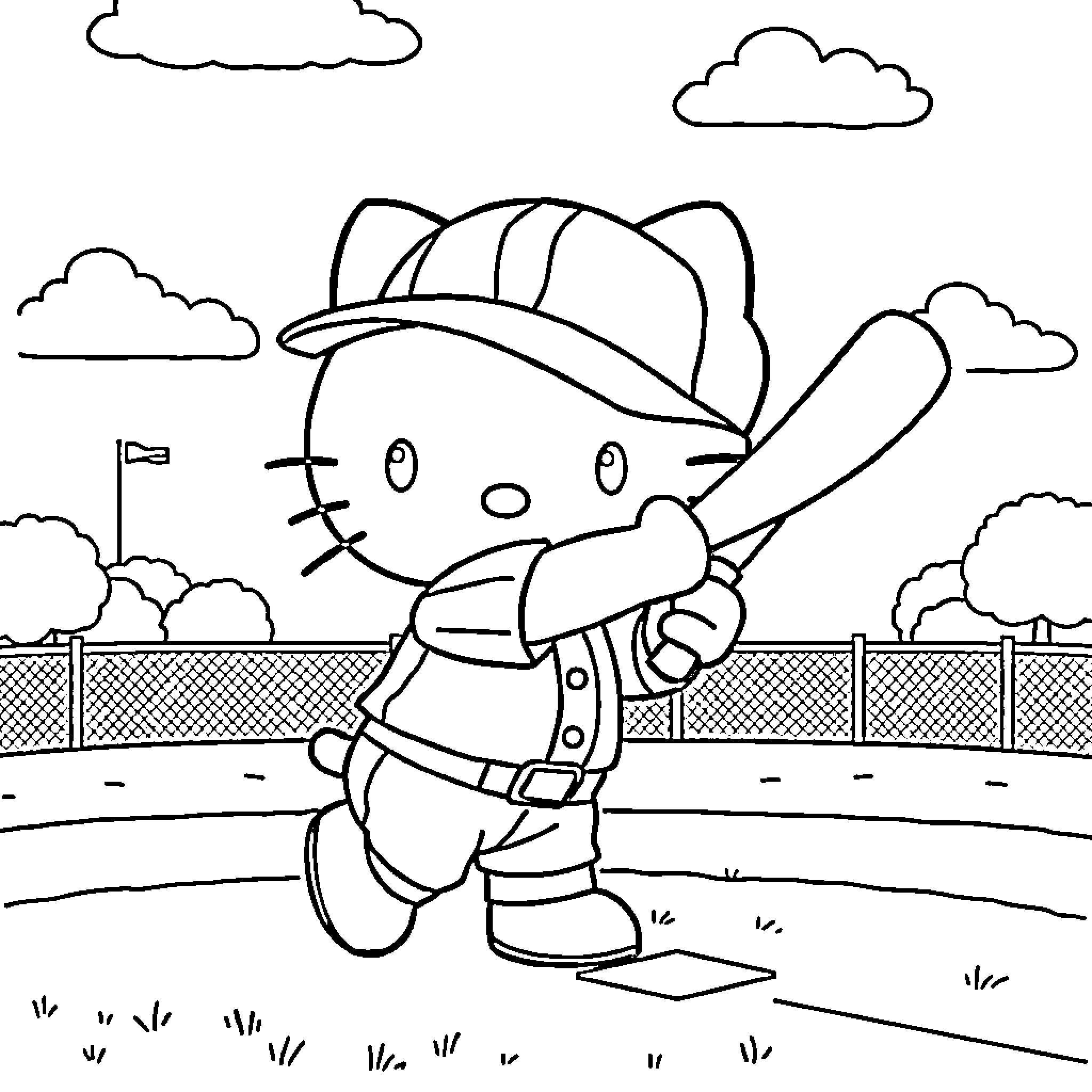Hello Kitty Playing Baseball in the Park Coloring Page (free black-and-white line drawing printable PDF for all, from beginners to advanced learners, including children, teens, adults, and seniors)