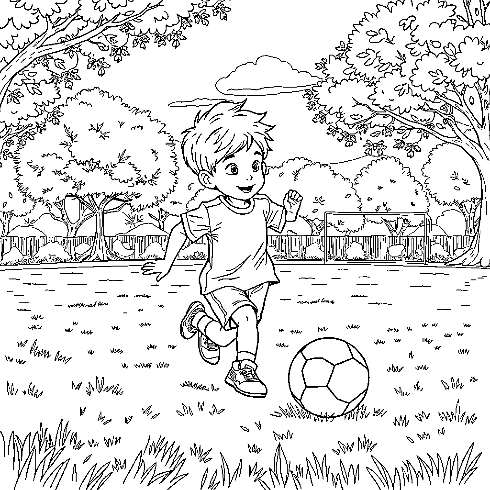 Niño jugando alegremente con una pelota en el parque Coloring Page (free black-and-white line drawing printable PDF for all, from beginners to advanced learners, including children, teens, adults, and seniors)