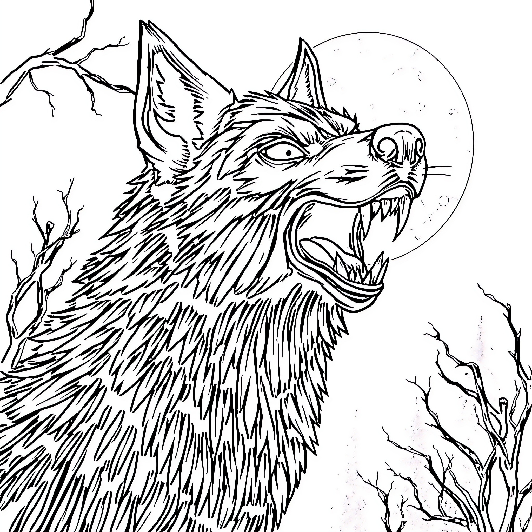 Wolf Howling Under the Moonlight Coloring Page (free black-and-white line drawing printable PDF for all, from beginners to advanced learners, including children, teens, adults, and seniors)