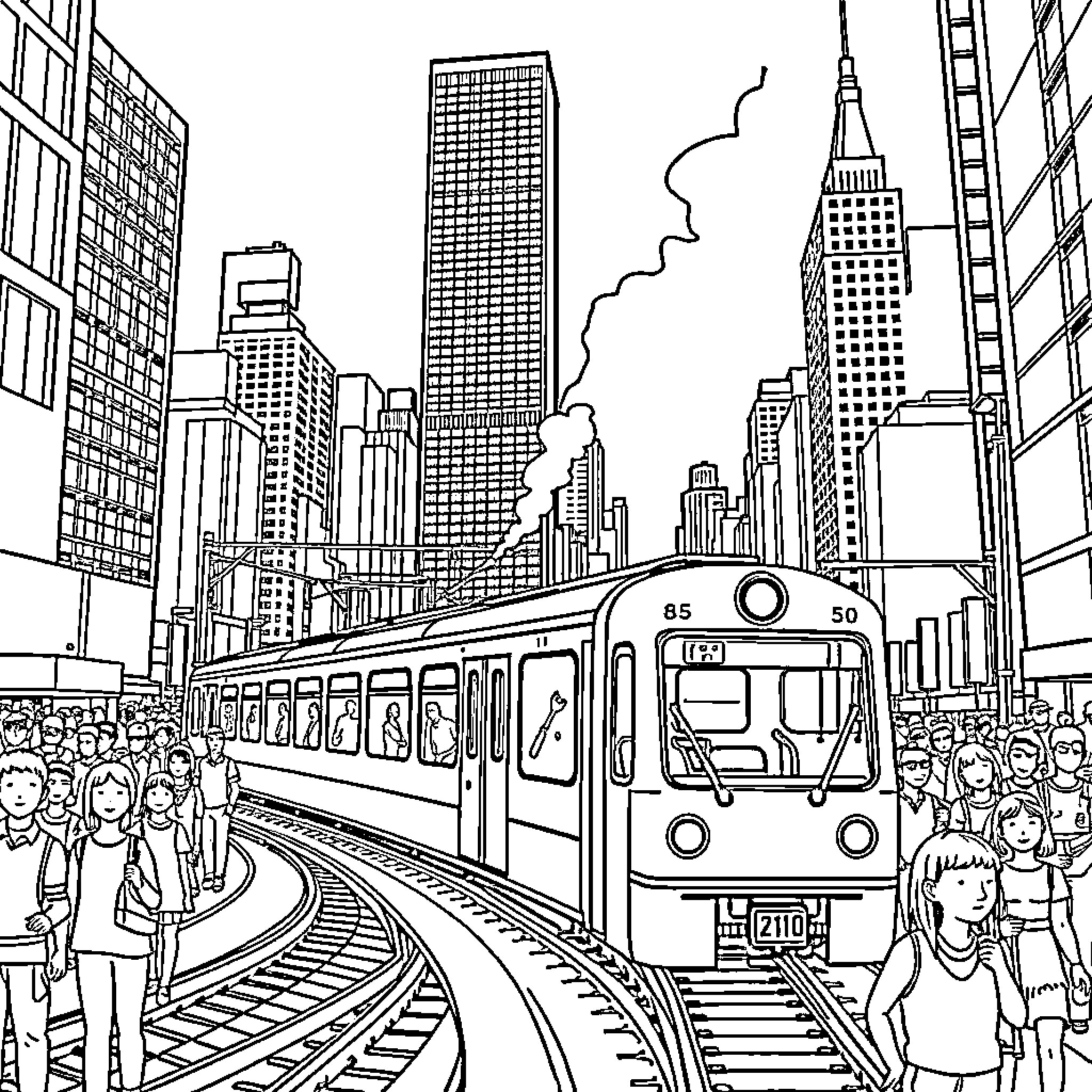 Train commuting through bustling city skyline Coloring Page (free black-and-white line drawing printable PDF for all, from beginners to advanced learners, including children, teens, adults, and seniors)