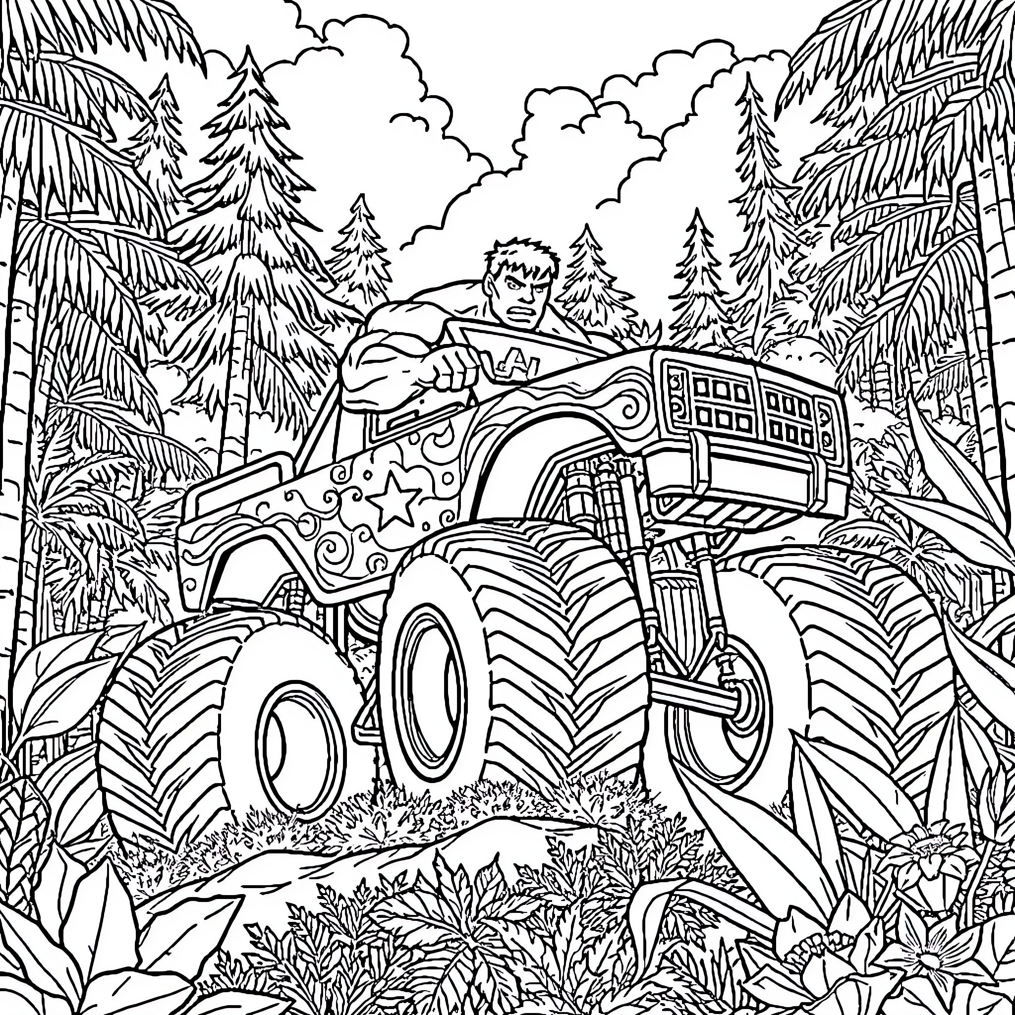 Hulk Drives Monster Truck Through Rugged Wilderness Coloring Page (free black-and-white line drawing printable PDF for all, from beginners to advanced learners, including children, teens, adults, and seniors)
