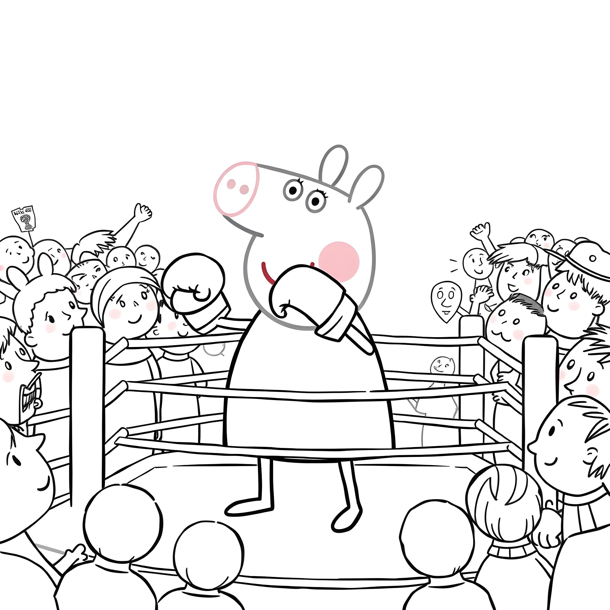 Peppa Pig participating in a crowd-filled event Coloring Page (free black-and-white line drawing printable PDF for all, from beginners to advanced learners, including children, teens, adults, and seniors)