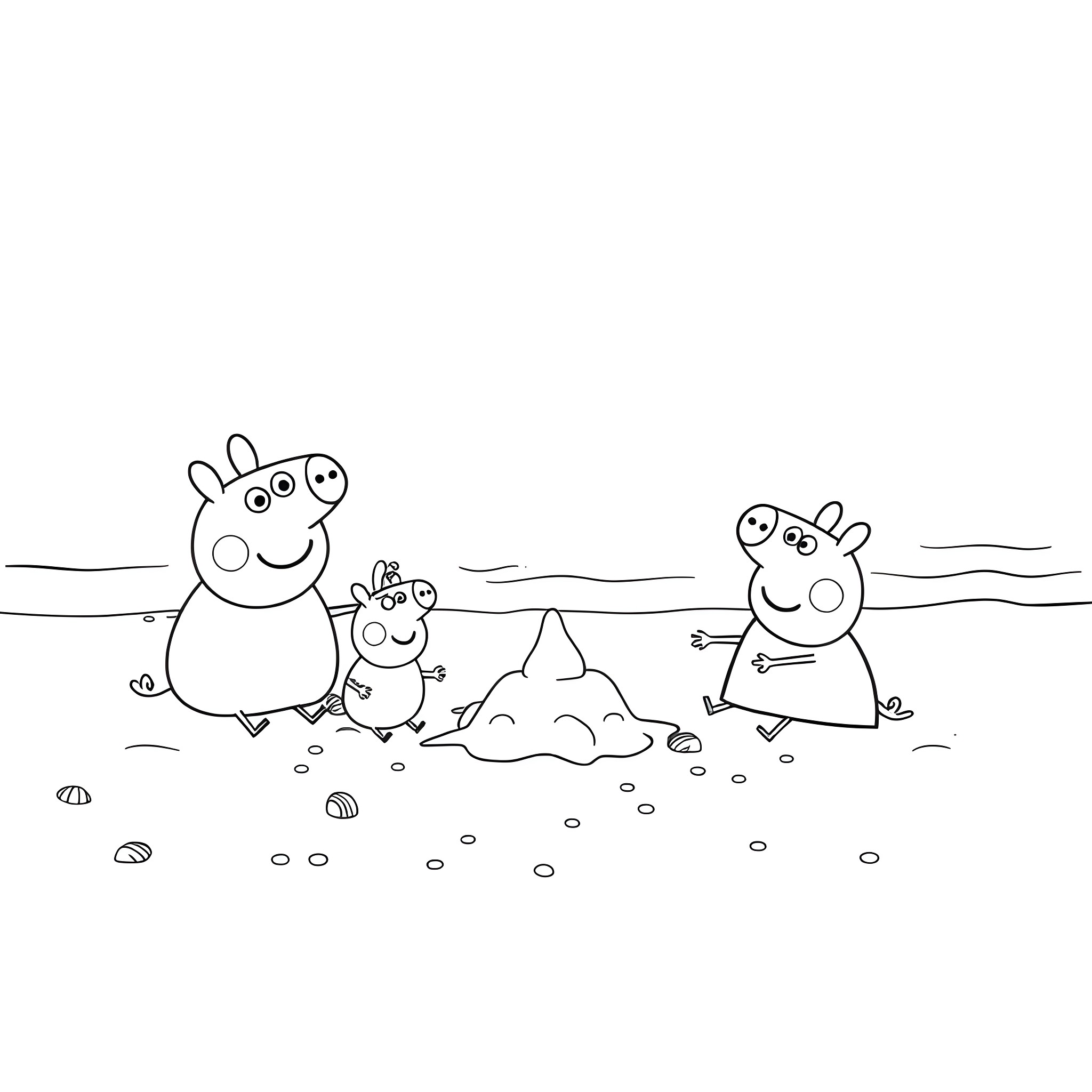 Peppa and her family playing in the park Coloring Page (free black-and-white line drawing printable PDF for all, from beginners to advanced learners, including children, teens, adults, and seniors)