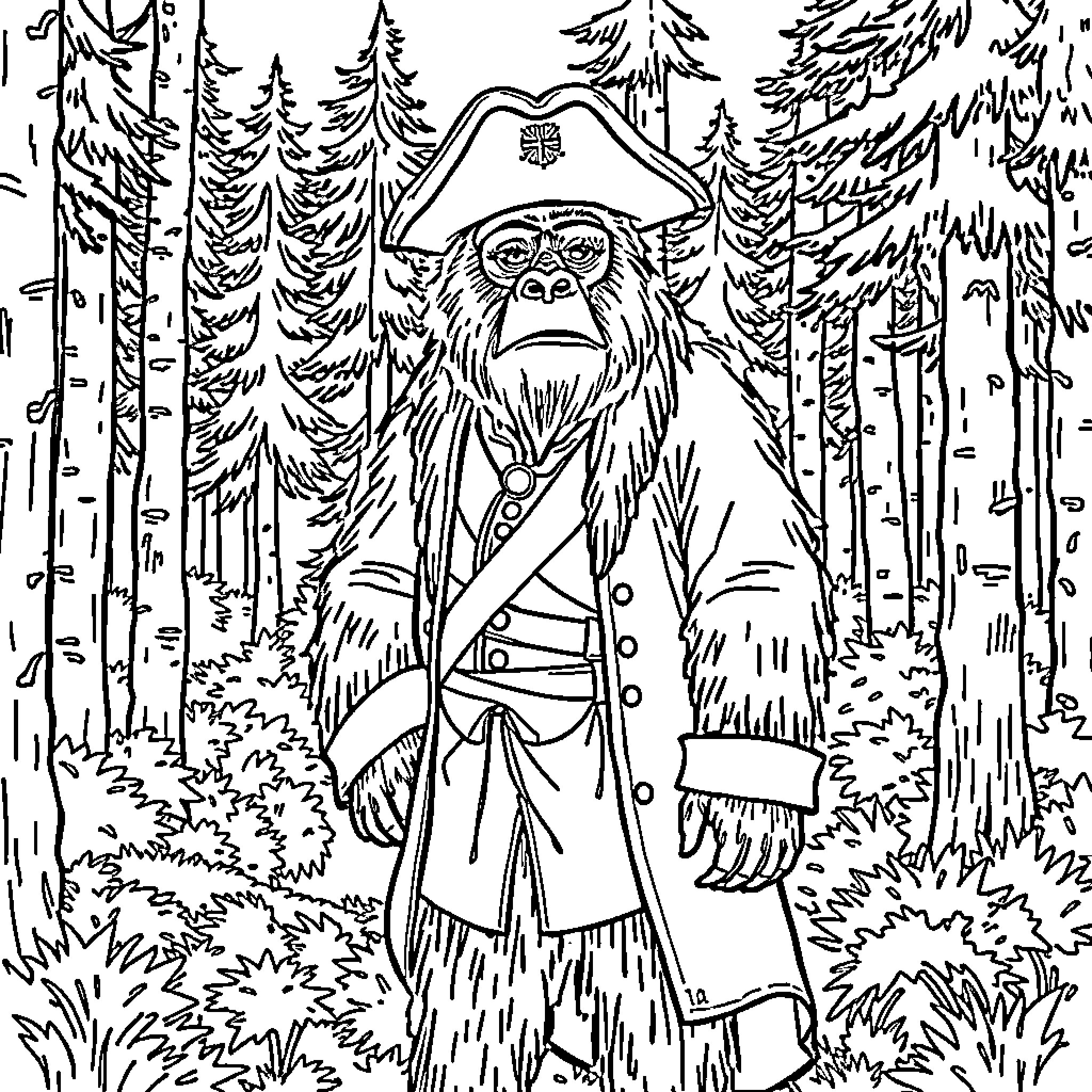 Sasquatch explorer in the forest Coloring Page (free black-and-white line drawing printable PDF for all, from beginners to advanced learners, including children, teens, adults, and seniors)