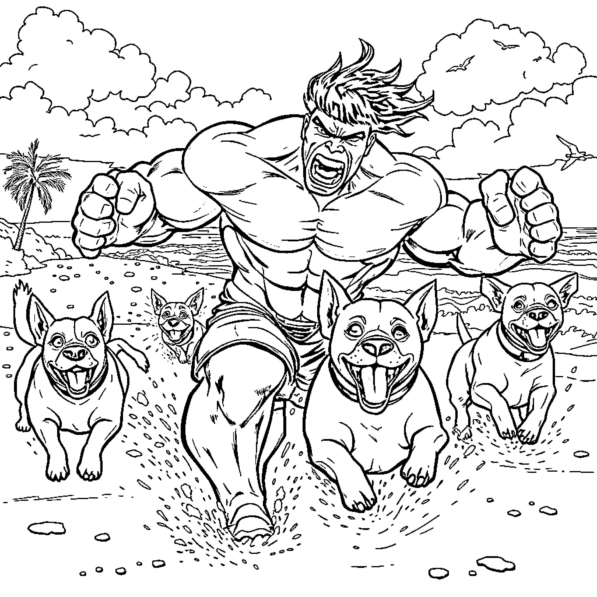 Hulk rampaging with energetic dogs on tropical beach Coloring Page (free black-and-white line drawing printable PDF for all, from beginners to advanced learners, including children, teens, adults, and seniors)