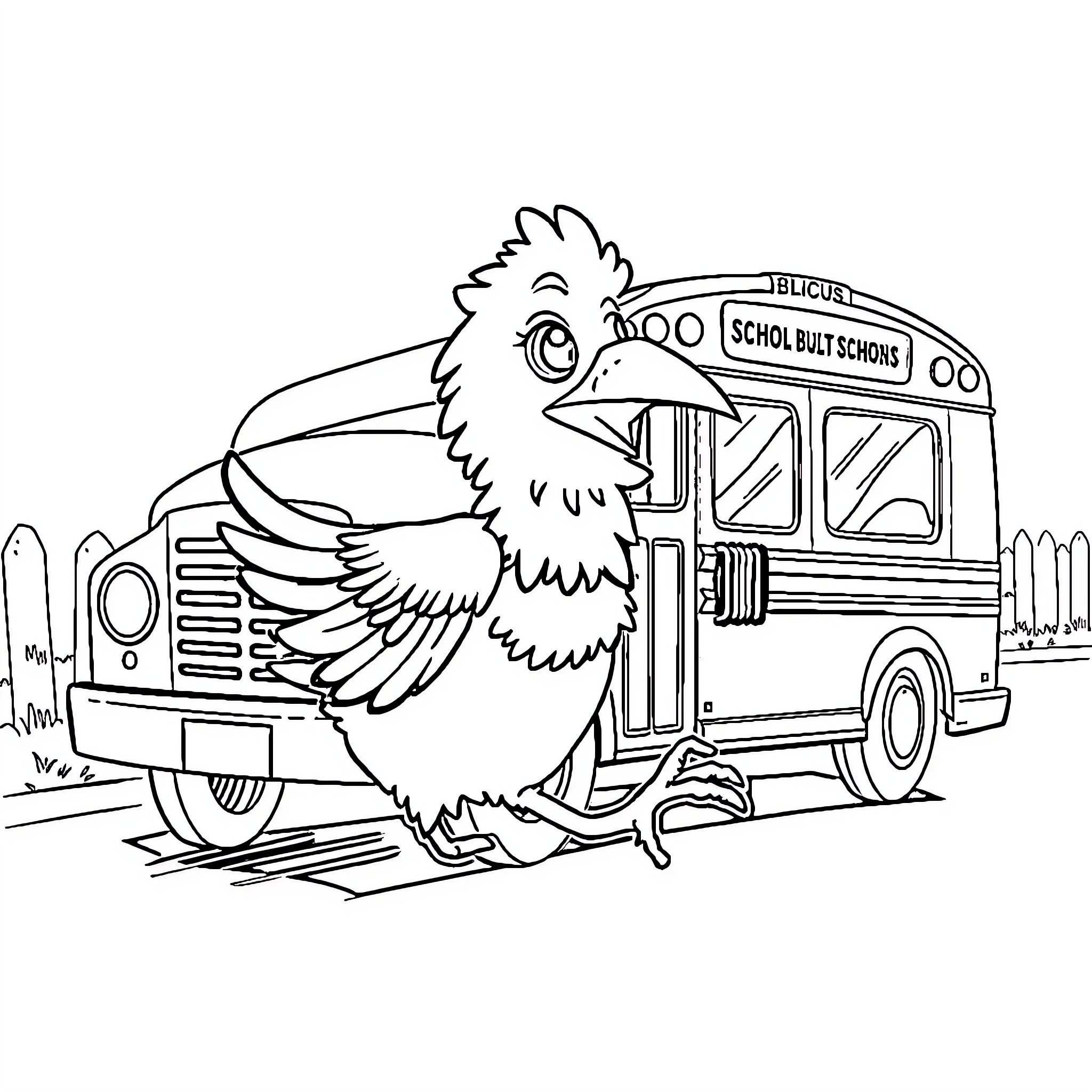 Bird driving a school bus Coloring Page (free black-and-white line drawing printable PDF for all, from beginners to advanced learners, including children, teens, adults, and seniors)