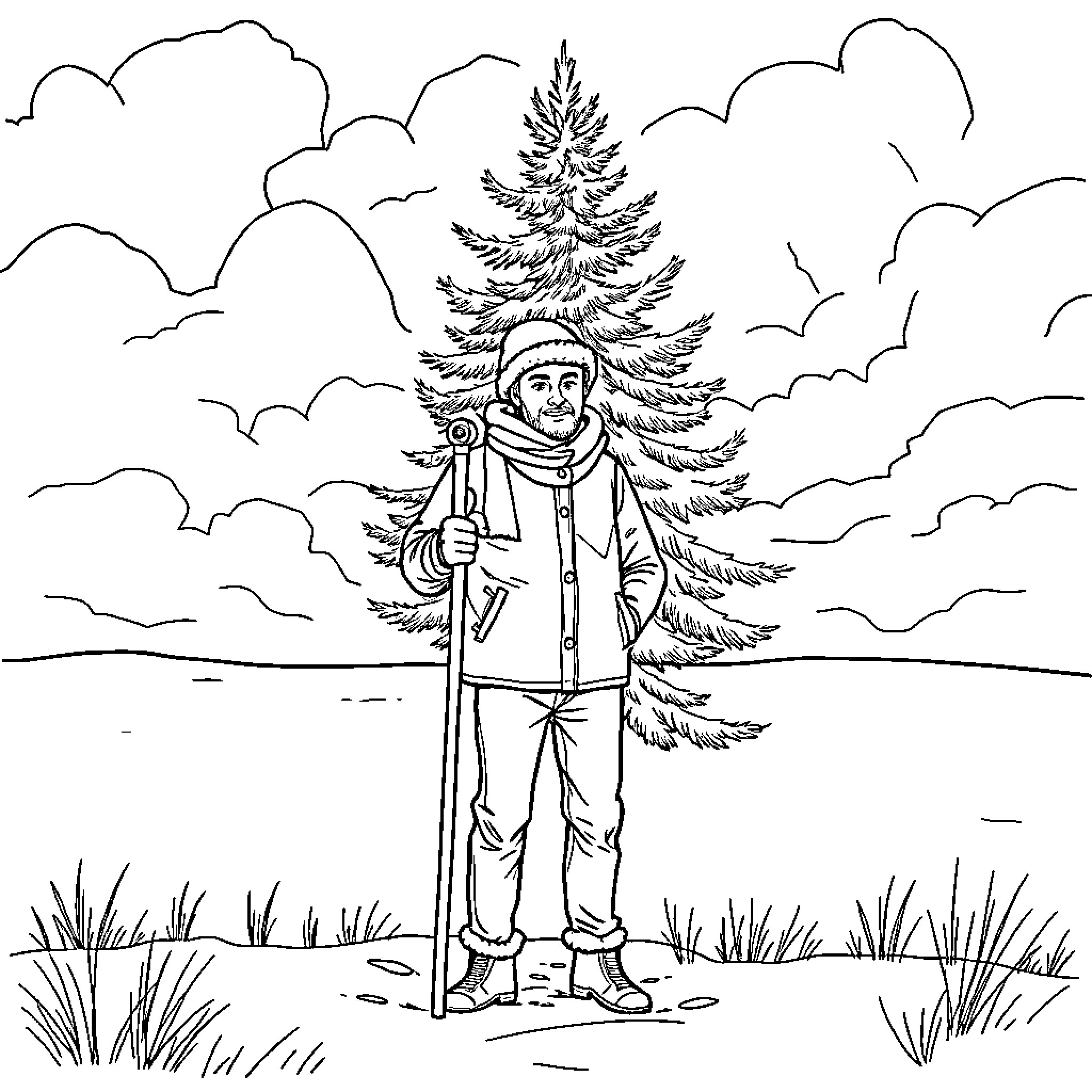 Man standing in winter landscape with Christmas tree Coloring Page (free black-and-white line drawing printable PDF for all, from beginners to advanced learners, including children, teens, adults, and seniors)