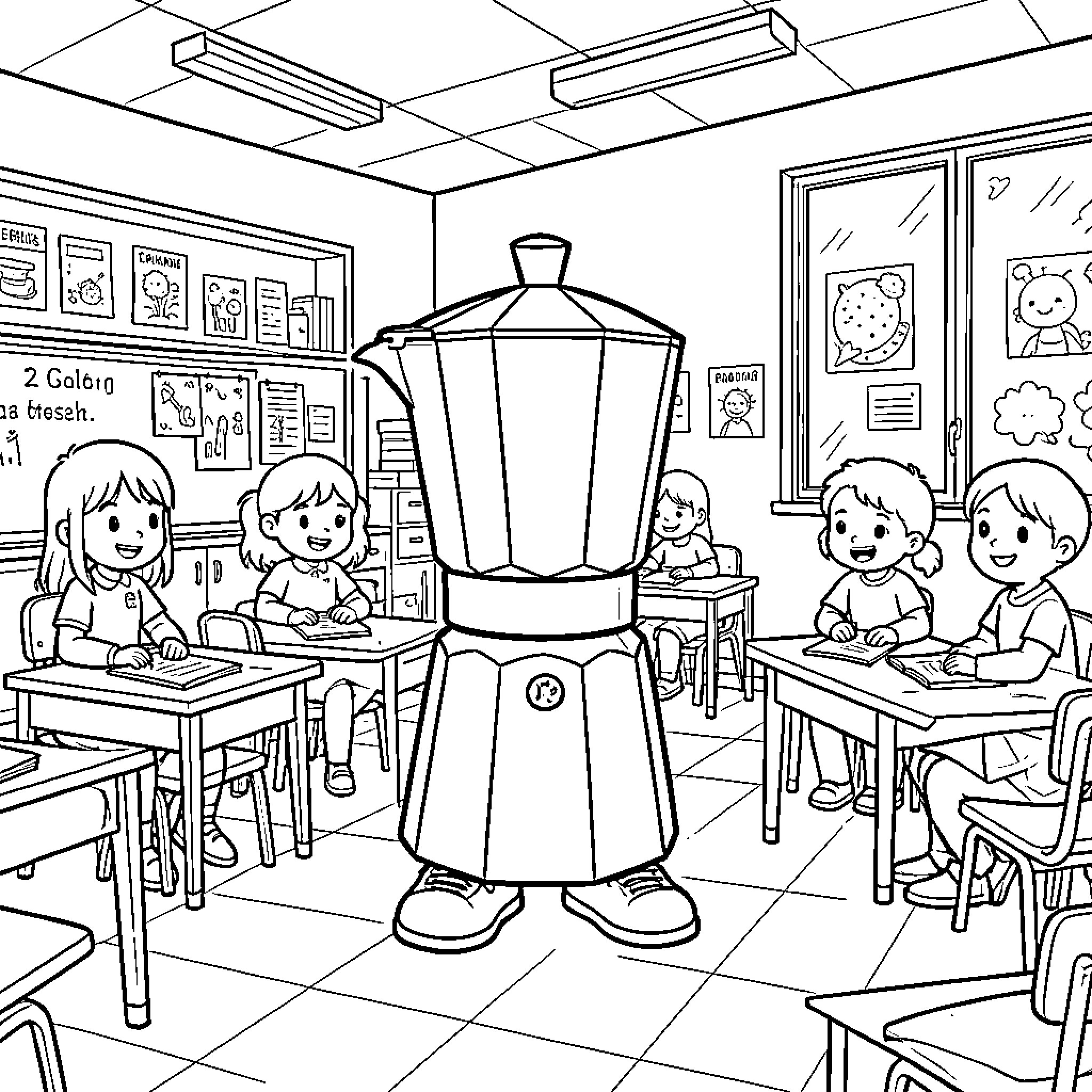 Moka pot teaching children in a classroom setting Coloring Page (free black-and-white line drawing printable PDF for all, from beginners to advanced learners, including children, teens, adults, and seniors)