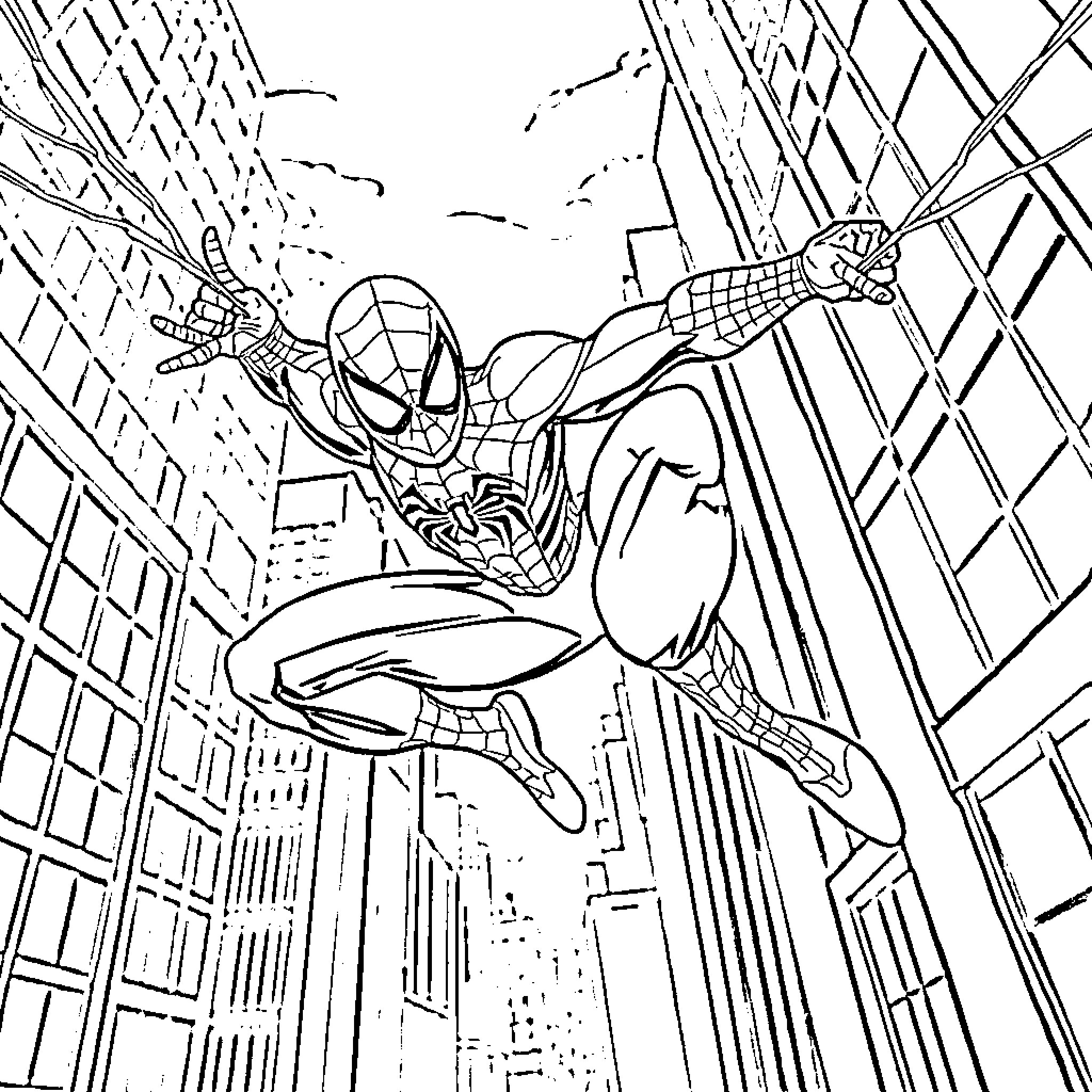Spiderman swinging through the city skyline Coloring Page (free black-and-white line drawing printable PDF for all, from beginners to advanced learners, including children, teens, adults, and seniors)