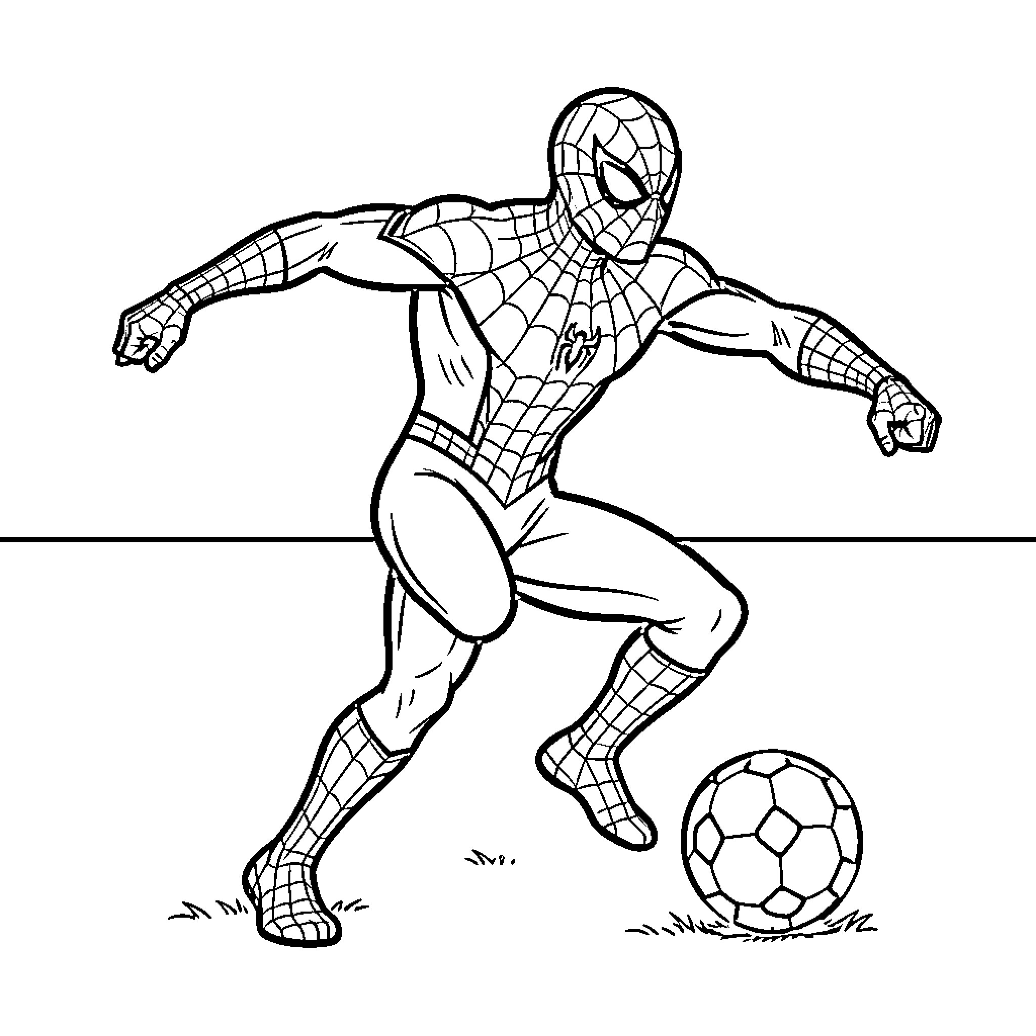 Spiderman kicking a soccer ball on the field Coloring Page (free black-and-white line drawing printable PDF for all, from beginners to advanced learners, including children, teens, adults, and seniors)