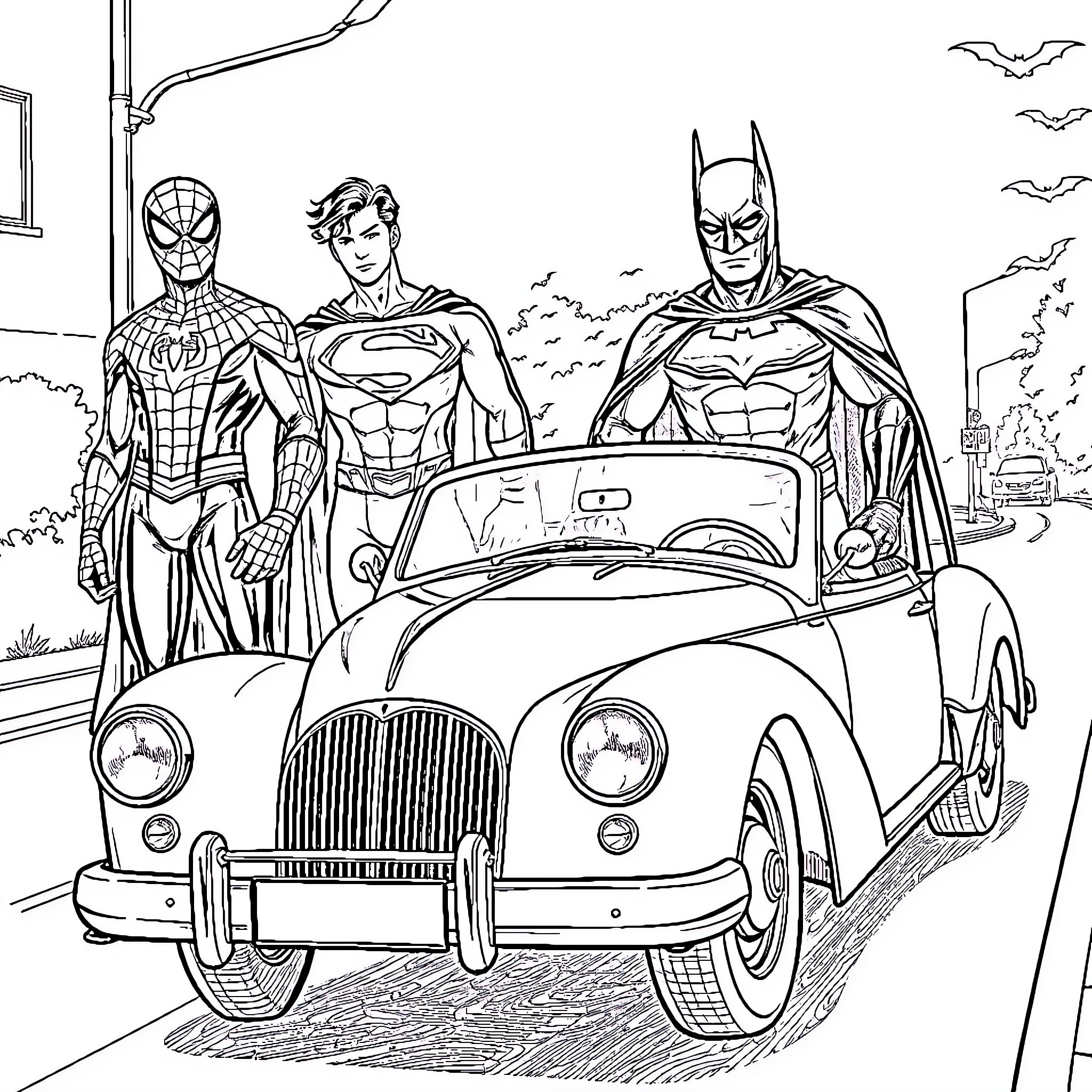 Superhero Team Gathers for a Mission Coloring Page (free black-and-white line drawing printable PDF for all, from beginners to advanced learners, including children, teens, adults, and seniors)
