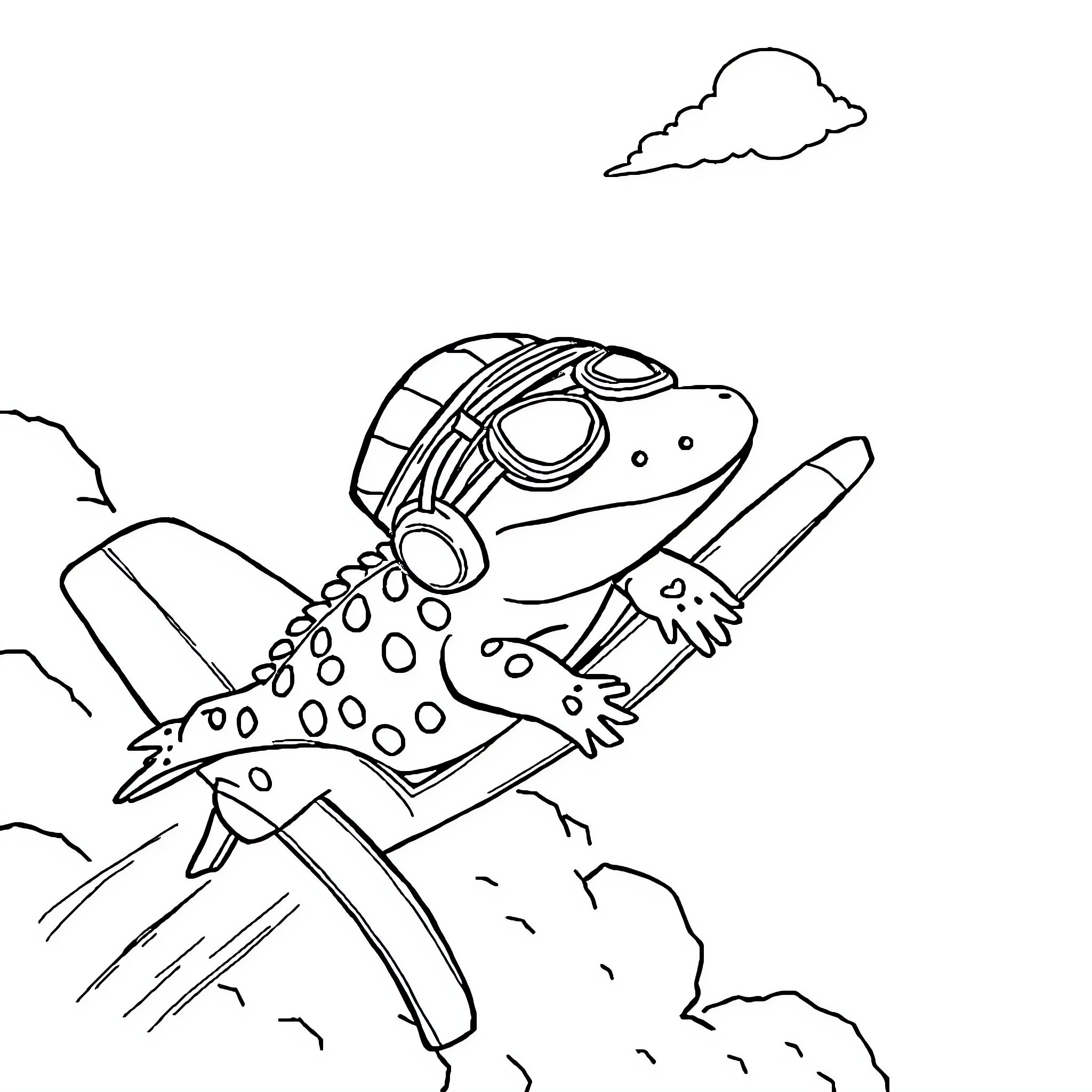 Axolotl blasting off in a rocket Coloring Page (free black-and-white line drawing printable PDF for all, from beginners to advanced learners, including children, teens, adults, and seniors)