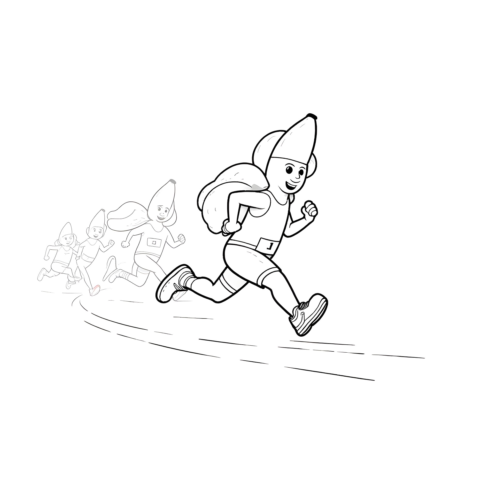 Banana characters running on a path Coloring Page (free black-and-white line drawing printable PDF for all, from beginners to advanced learners, including children, teens, adults, and seniors)