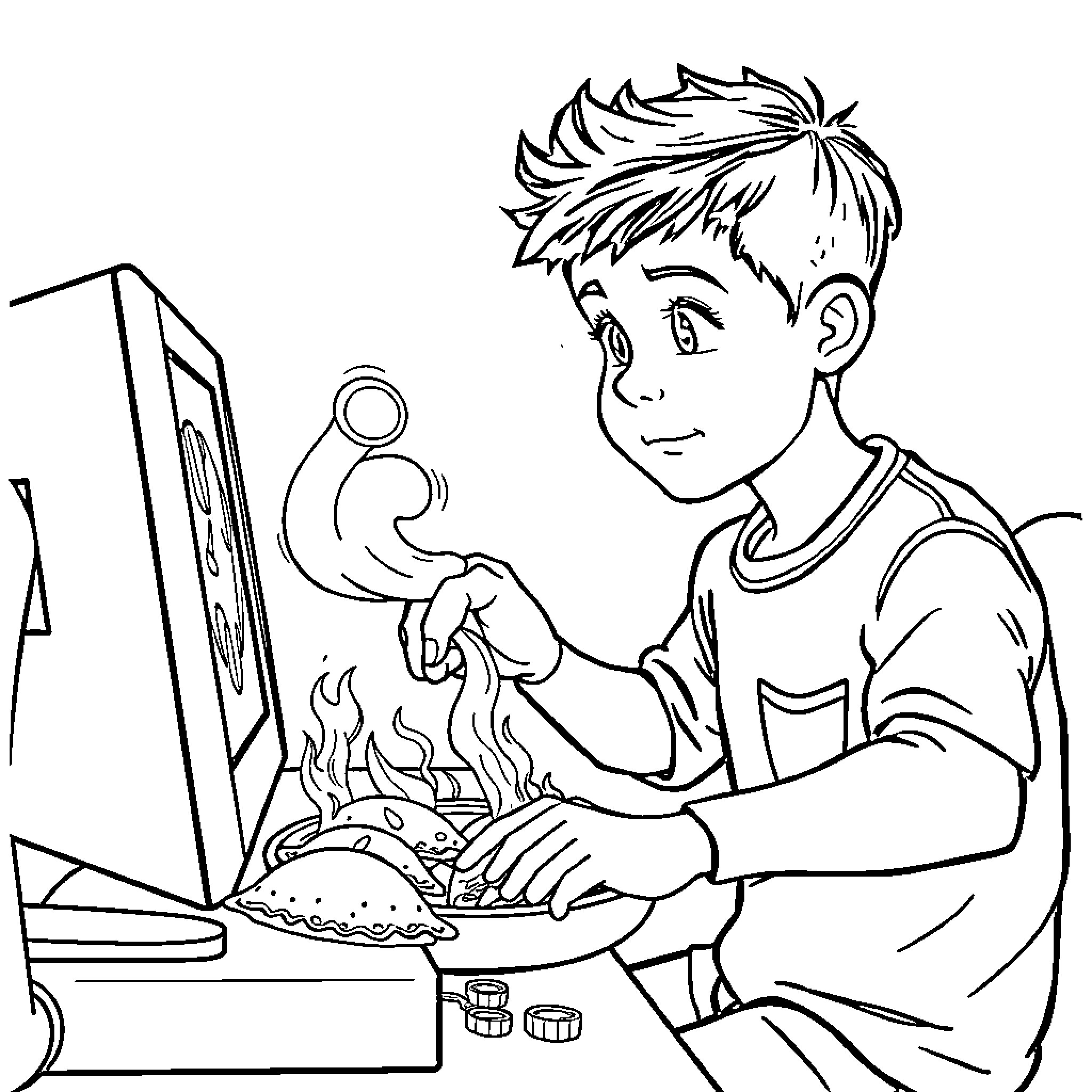 Boy Playing with Toys on Computer Coloring Page (free black-and-white line drawing printable PDF for all, from beginners to advanced learners, including children, teens, adults, and seniors)