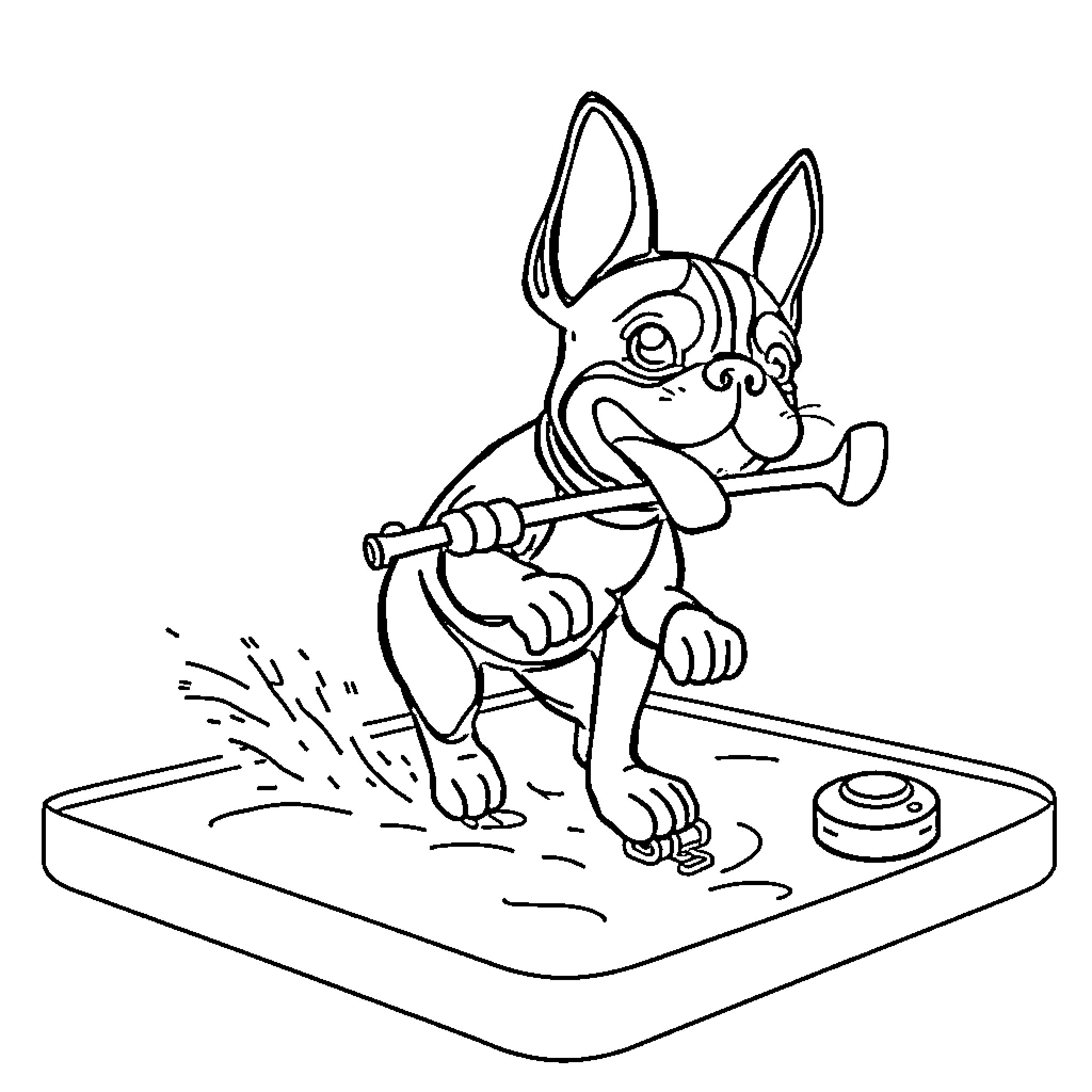 Boston Terrier playing with garden tools Coloring Page (free black-and-white line drawing printable PDF for all, from beginners to advanced learners, including children, teens, adults, and seniors)