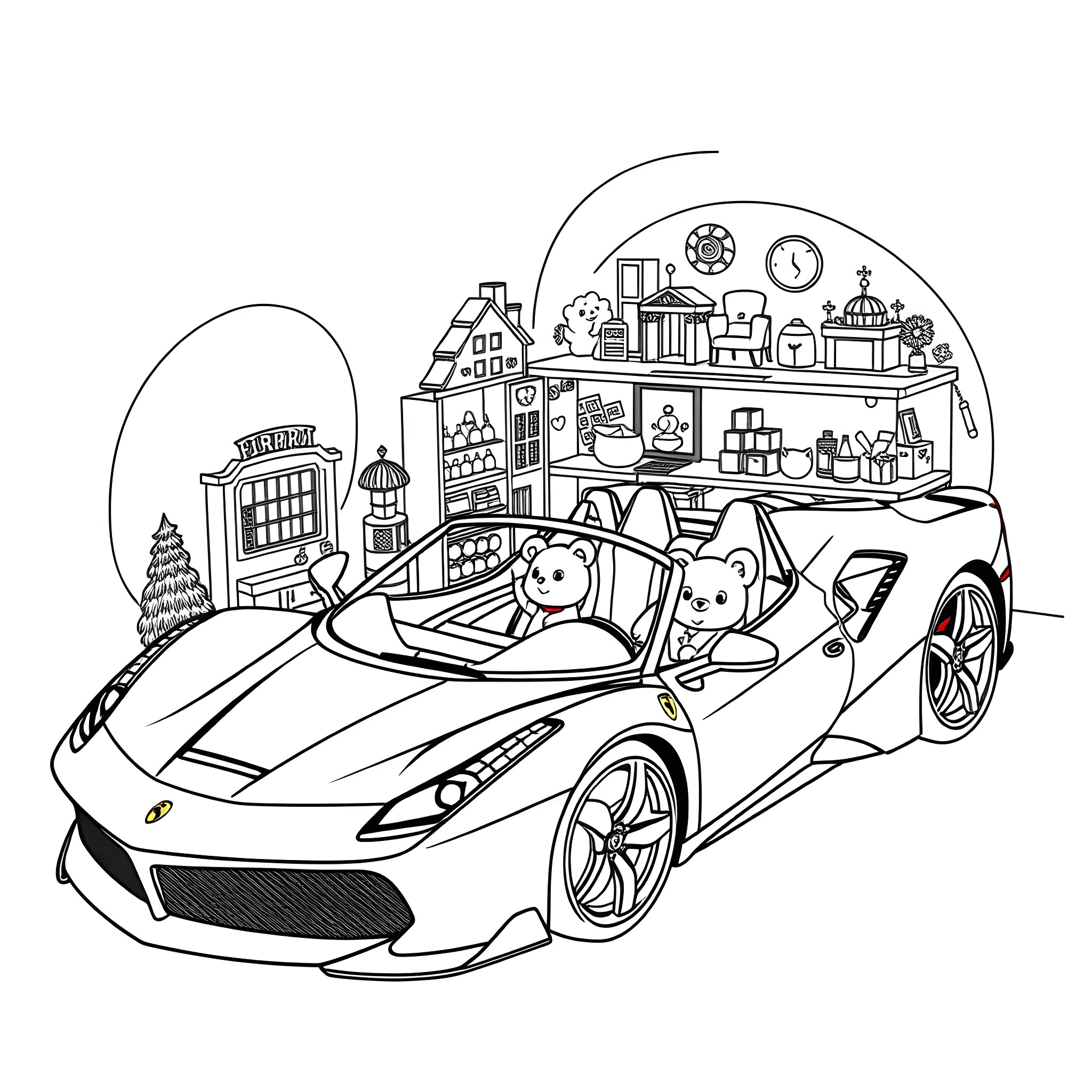 Gabby Dollhouse - Mice Driving Sports Car Coloring Page (free black-and-white line drawing printable PDF for all, from beginners to advanced learners, including children, teens, adults, and seniors)