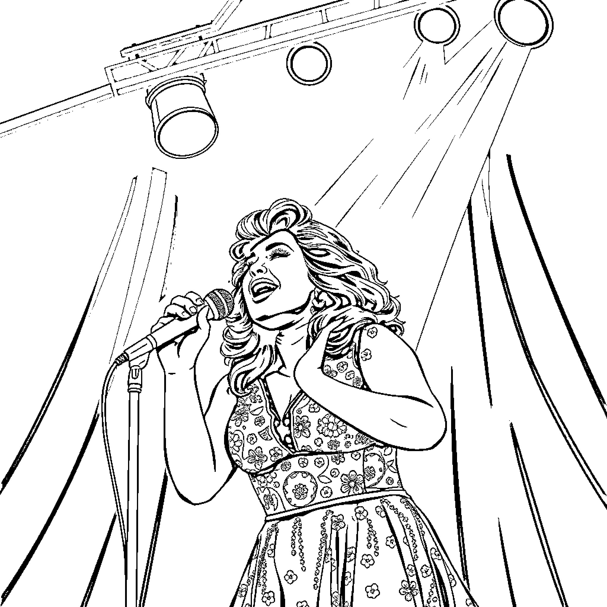 Lola performing on stage with microphone Coloring Page (free black-and-white line drawing printable PDF for all, from beginners to advanced learners, including children, teens, adults, and seniors)