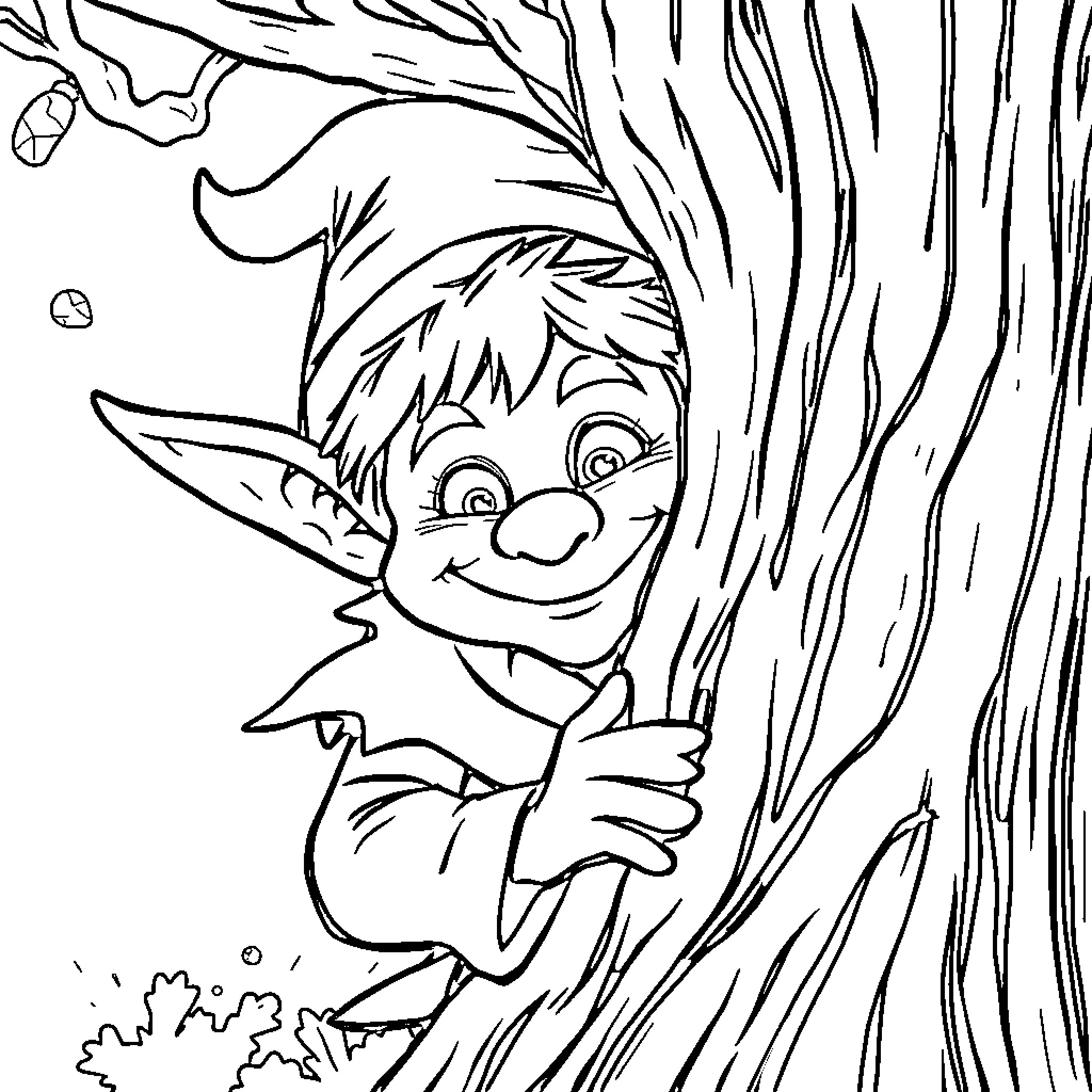 Elf peeking out from behind a tree Coloring Page (free black-and-white line drawing printable PDF for all, from beginners to advanced learners, including children, teens, adults, and seniors)