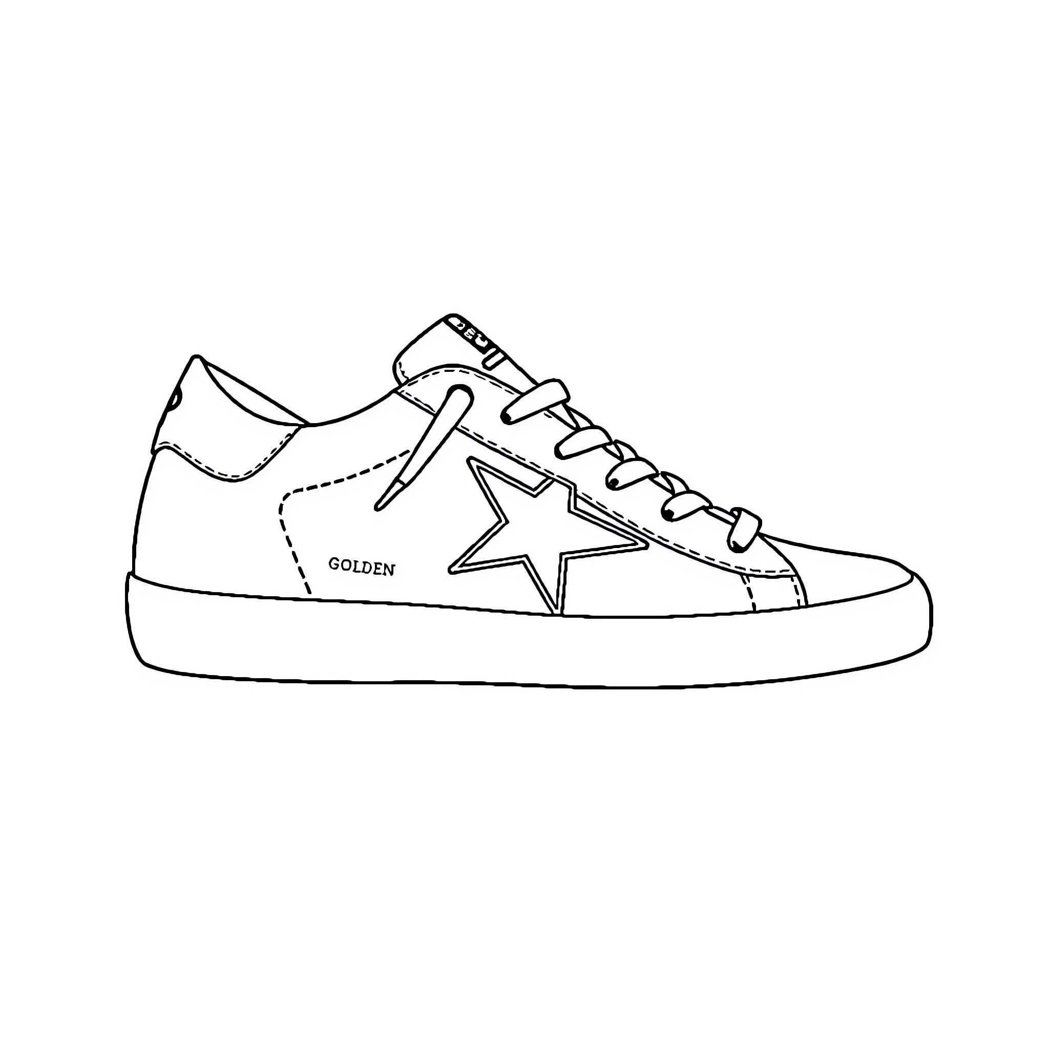 Sneaker with star design and laces Coloring Page (free black-and-white line drawing printable PDF for all, from beginners to advanced learners, including children, teens, adults, and seniors)