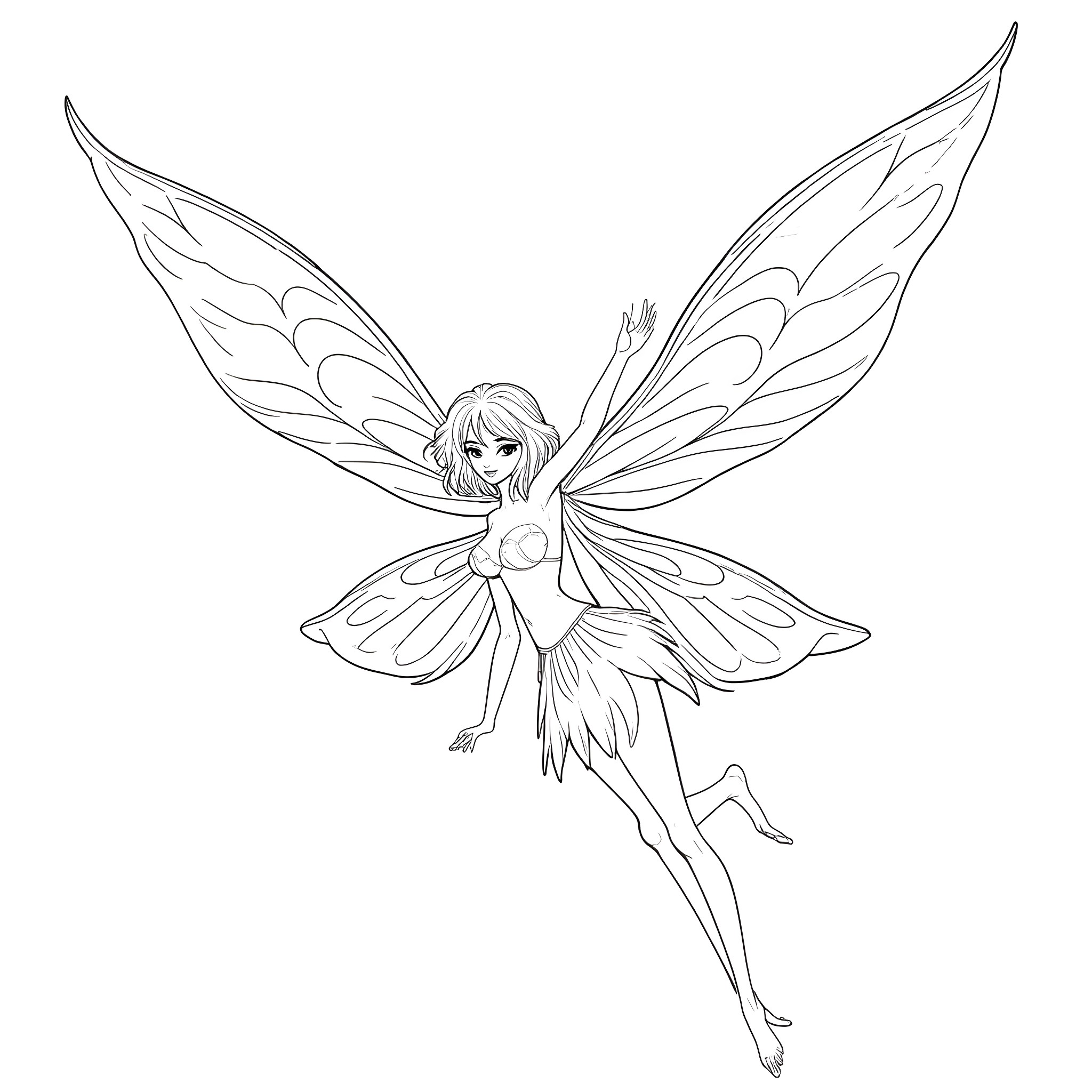 Fairy flying gracefully with outstretched wings Coloring Page (free black-and-white line drawing printable PDF for all, from beginners to advanced learners, including children, teens, adults, and seniors)